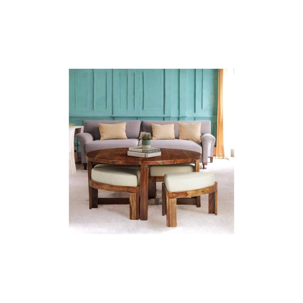 Nashville Sheesham Wood Accent Coffee Table Set With 4 Stools In Natural Teak Finish