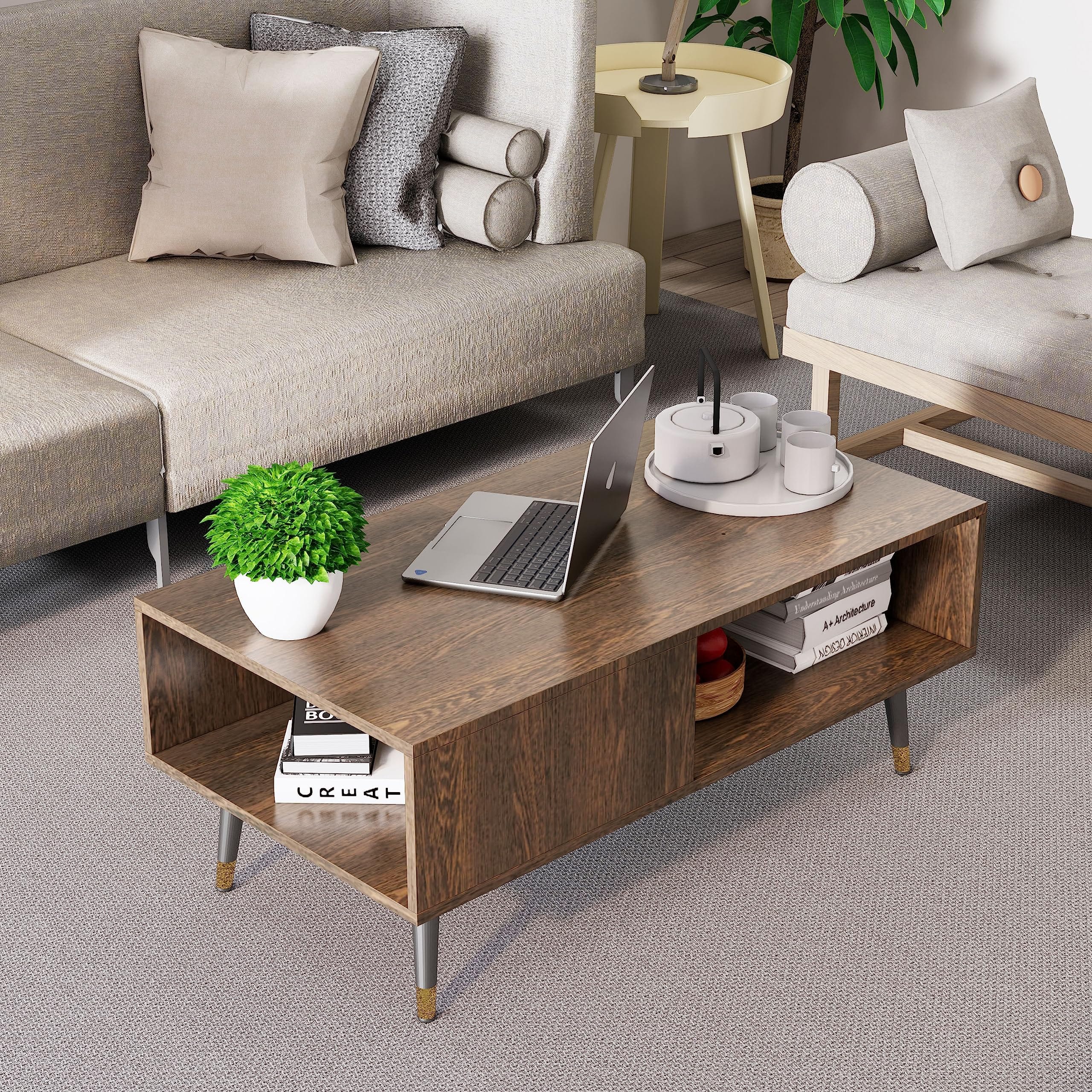 Hexa Engineered Wood Modern Coffee Table With Golden Metal Legs In Flower Wenge - HexaRed