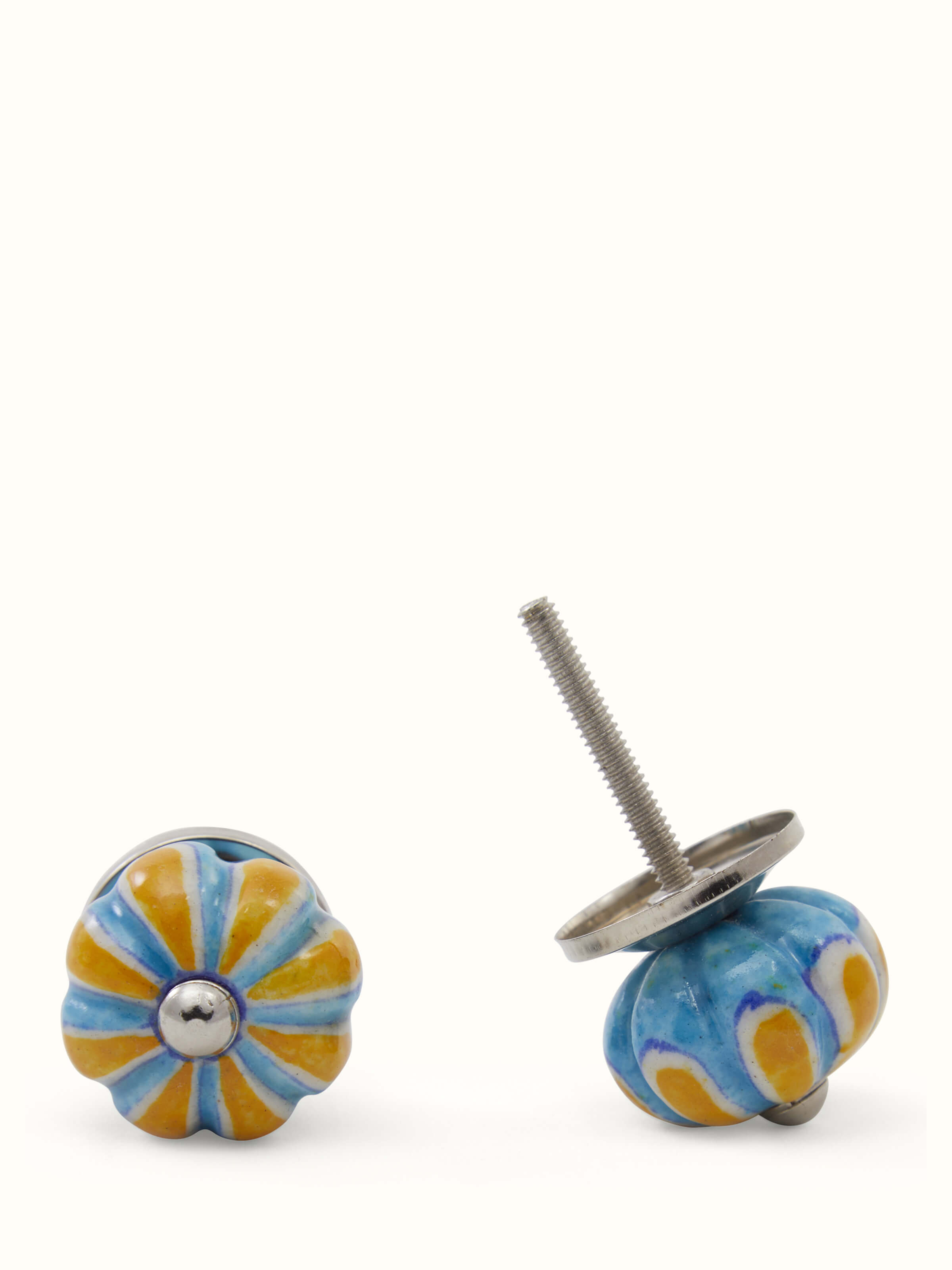 Front view of Blue Pottery Round Rib Door Knob Set