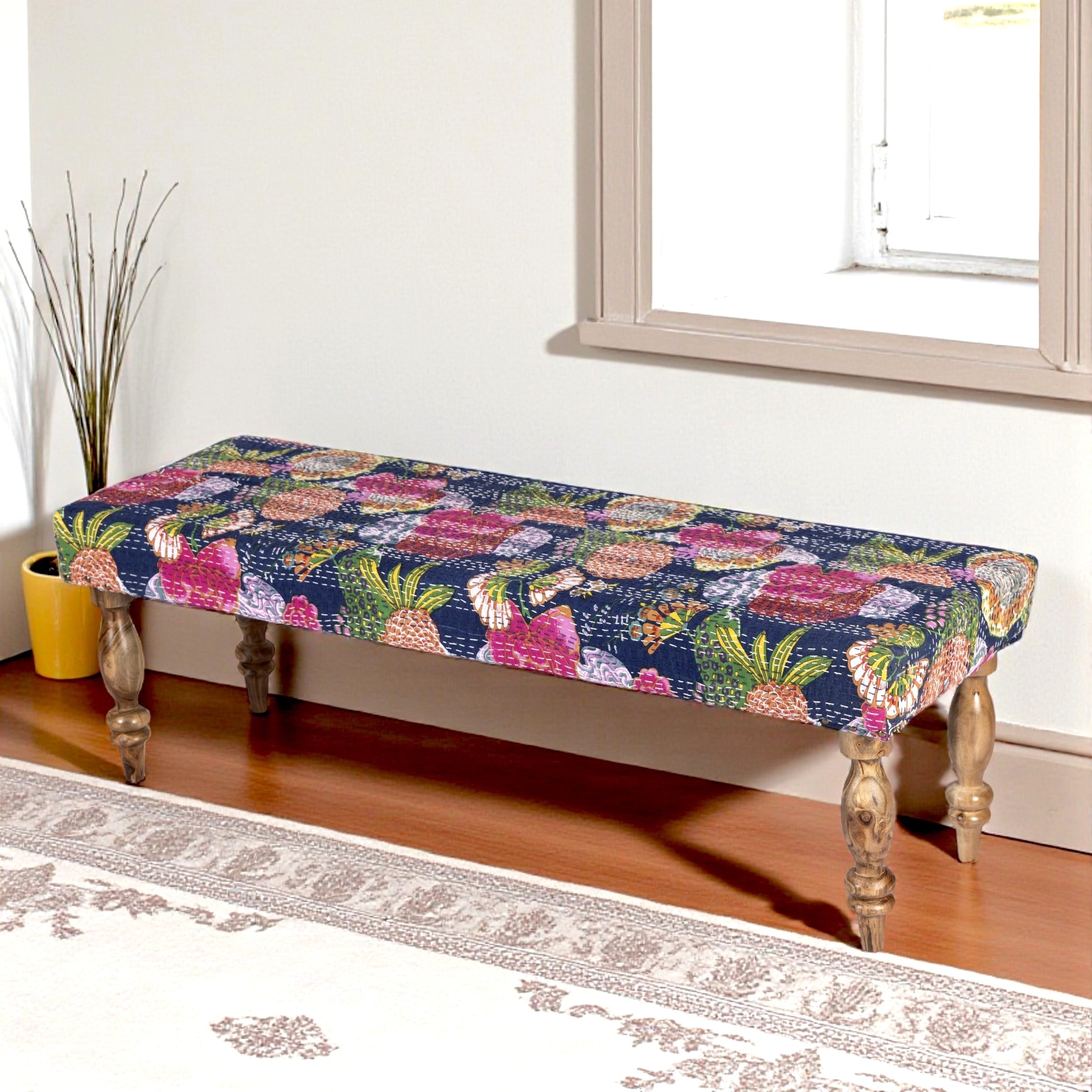 Cairo Sheesham Wood Mid Century 3 Seater Bench In Fruit Print Blue Kantha