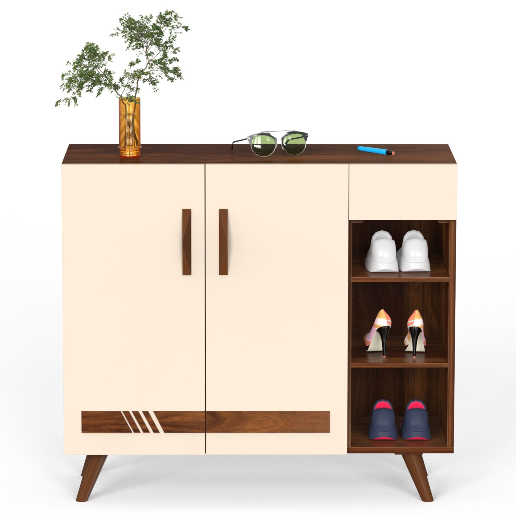 Oleye Engineered Wood Dual Tone 3 Doors Shoe Rack Cabinet Slipper Footwear Stand Organizer with Drawer can Store Up to 16 Pairs for Home (Brown Maple & Beige)