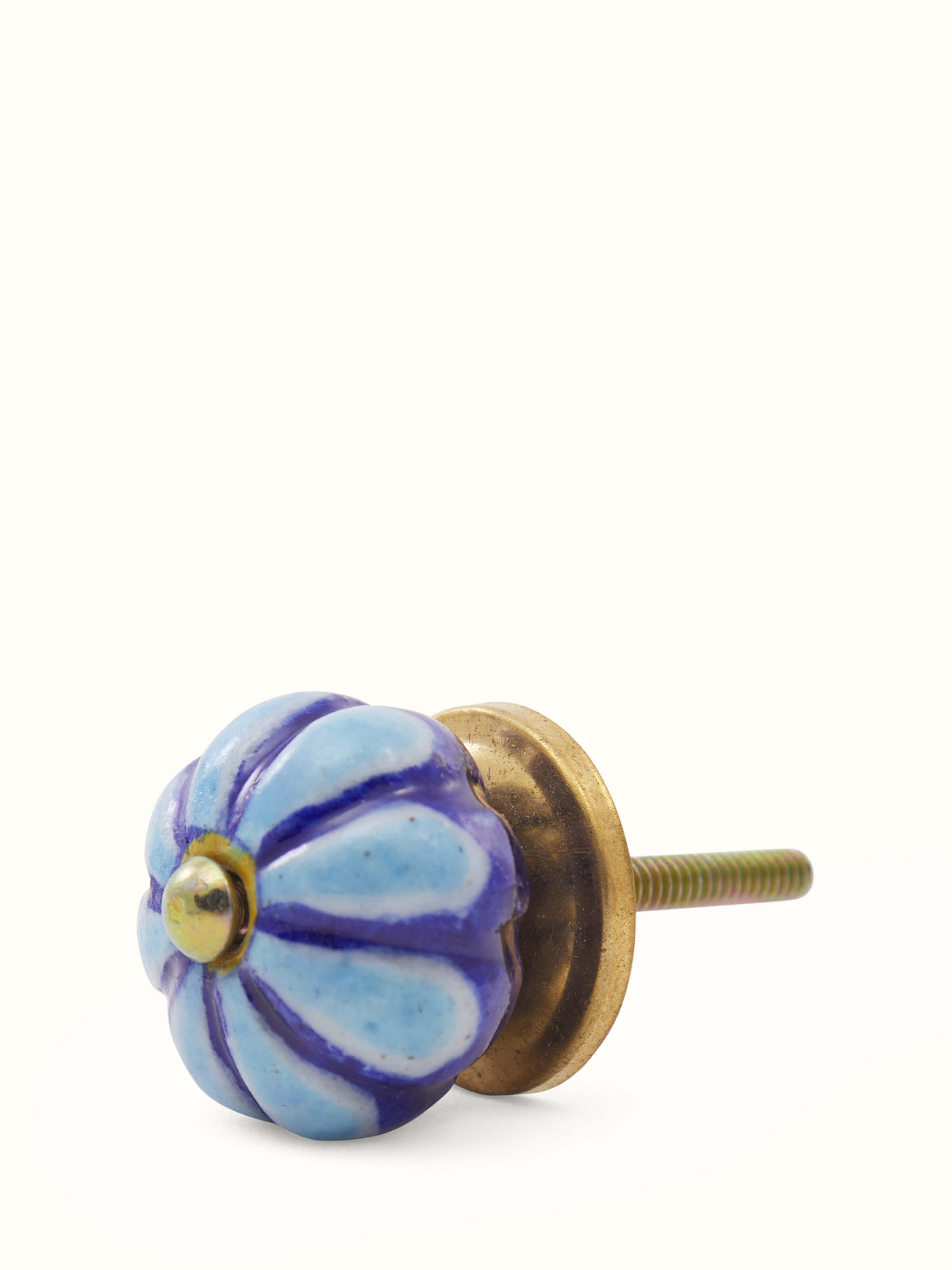 Angled view of Blue Pottery Round Rib Door Knob Set