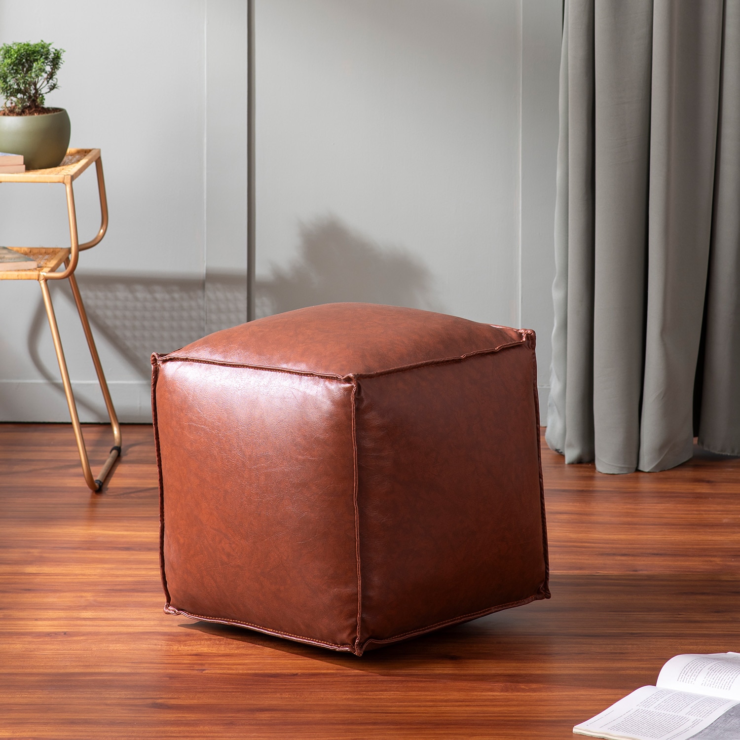 Cube Collection Tan Faux Leather Pouf Ottoman - Nestroots