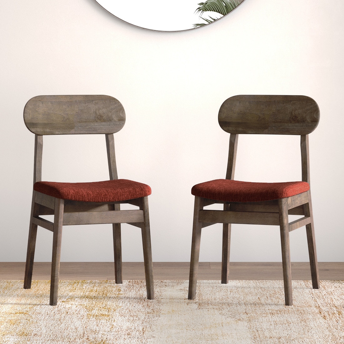 Lunar Solid Wood Dining Chair Set of 2 In Danish Walnut Finish With Dark Coral Fabric Colour