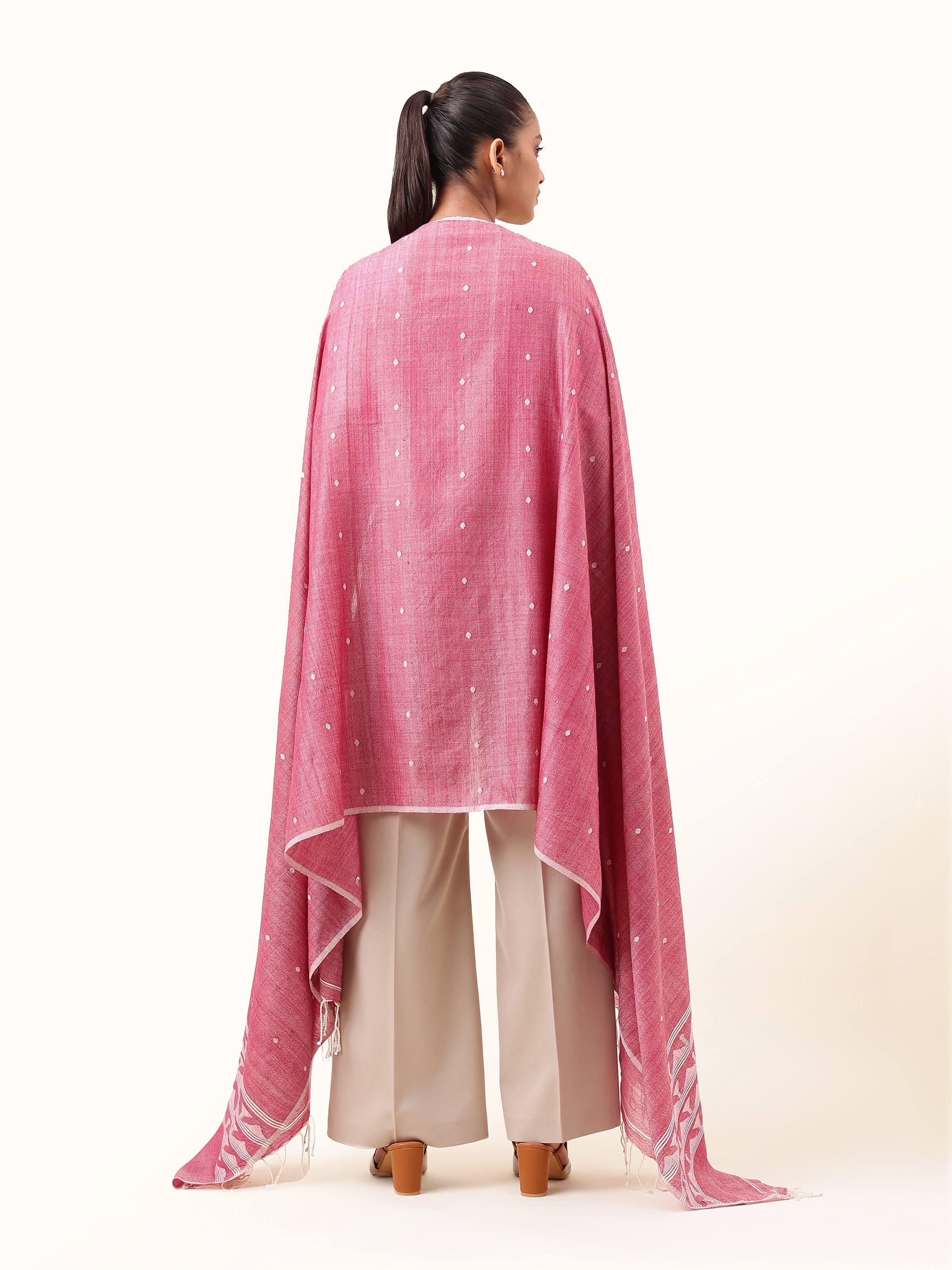 Back view of woollen Jamdani shawl showing border design and overall maroon hue.