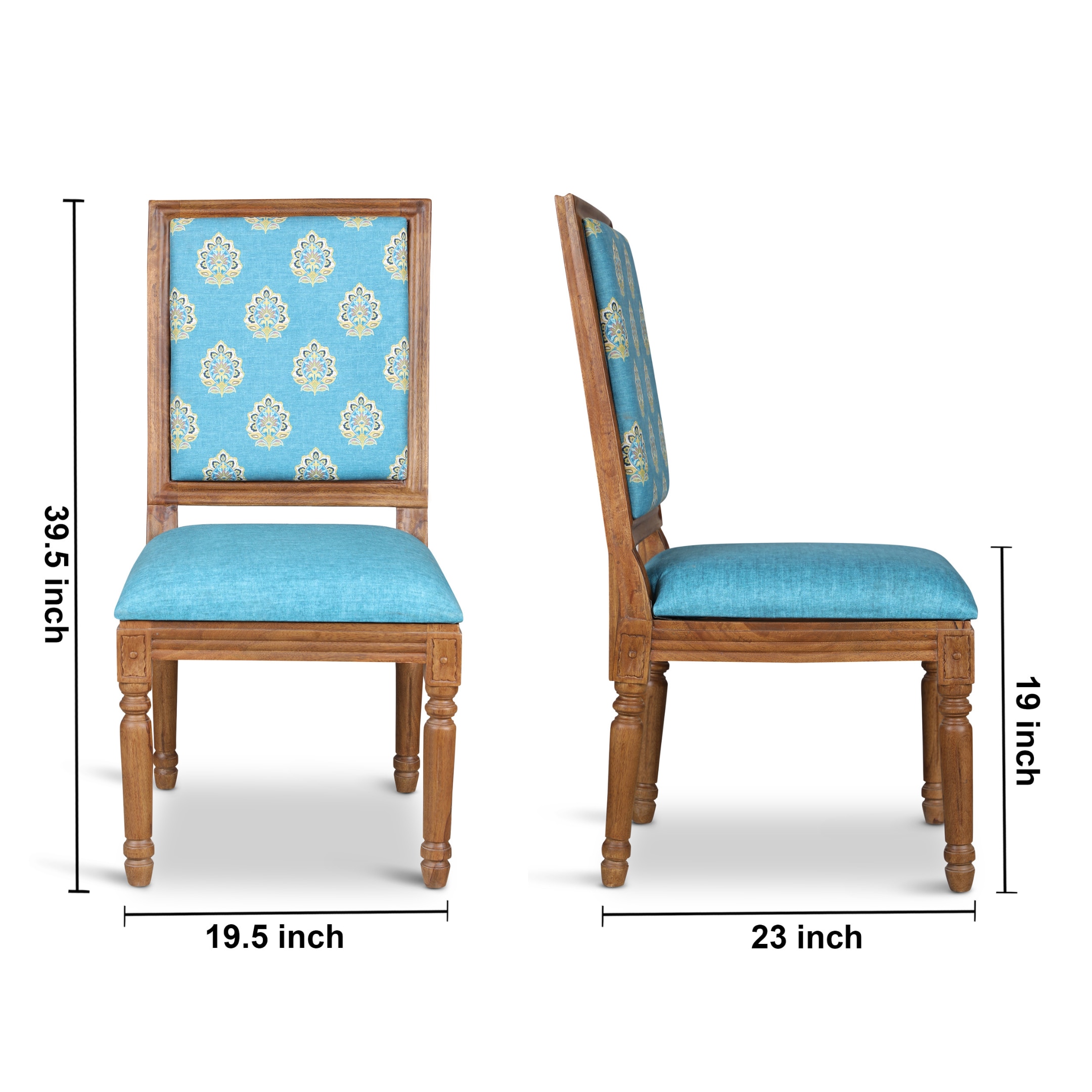 Globally Indian Sheesham Wood Turning Leg 4 Seater Dining Table Set With 4 Solid Wood Upholstered Chairs –  In Blue Color