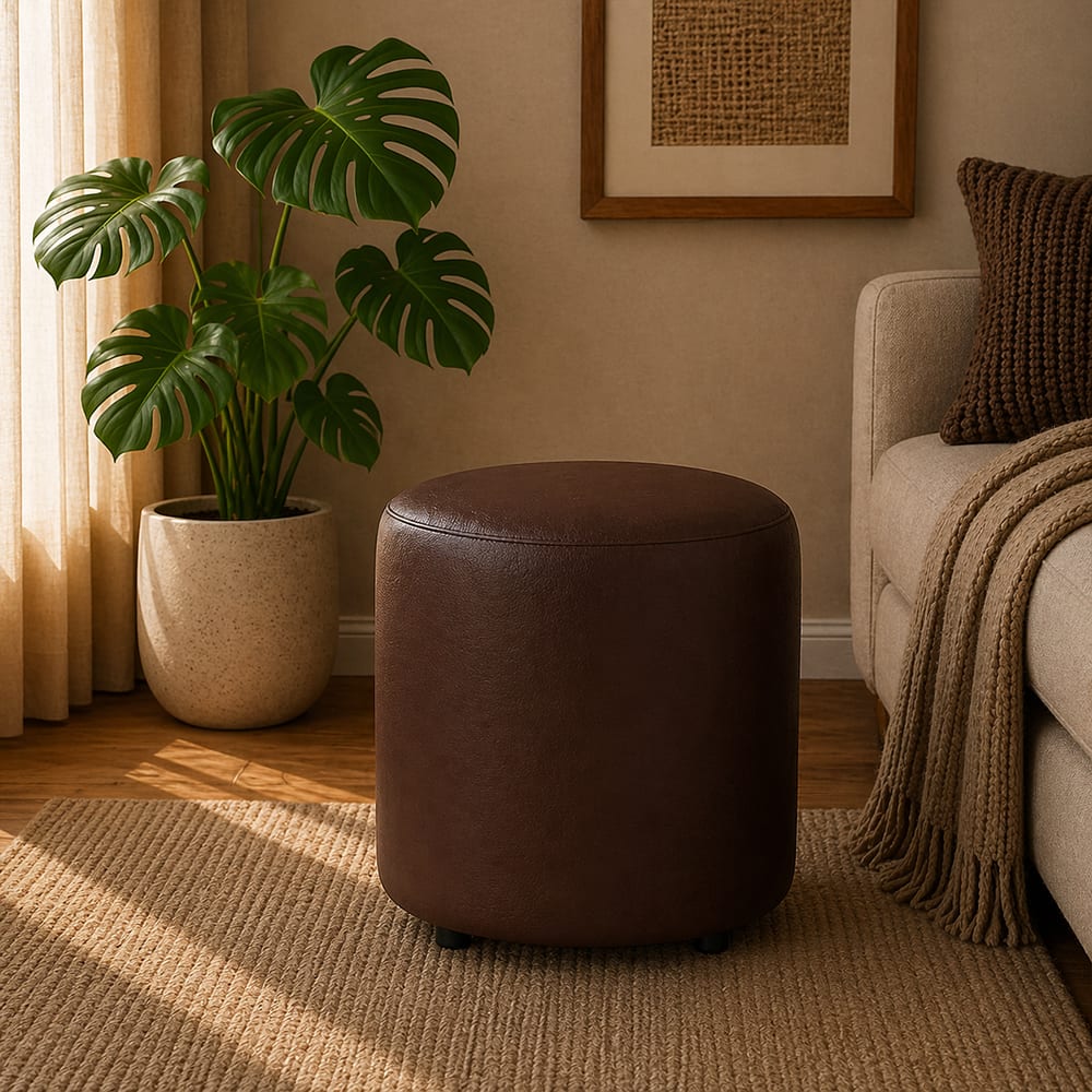 Doe Buck Mary Leather Round Ottoman Stool in Brown Colour - Doe Buck