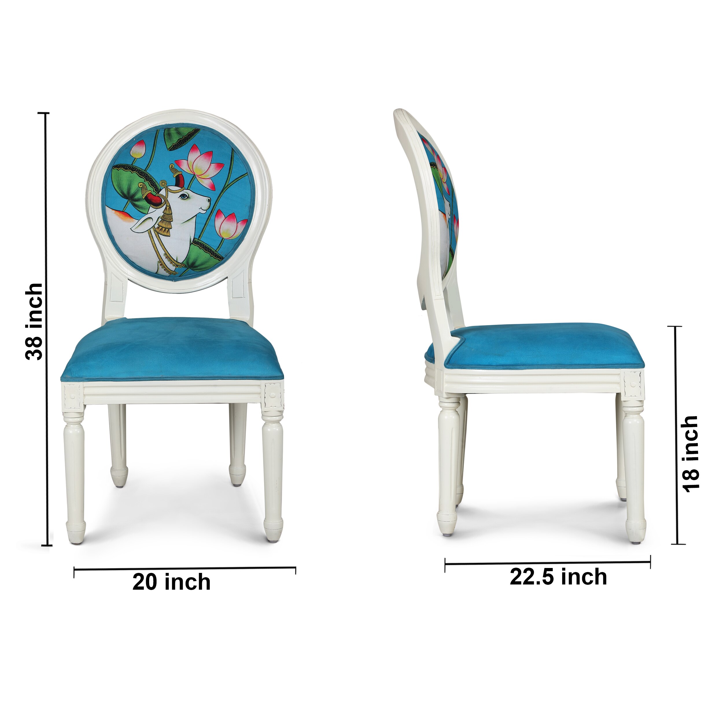 Traditional Indian Pichwai Work Wooden Dining Chair in Blue Colour