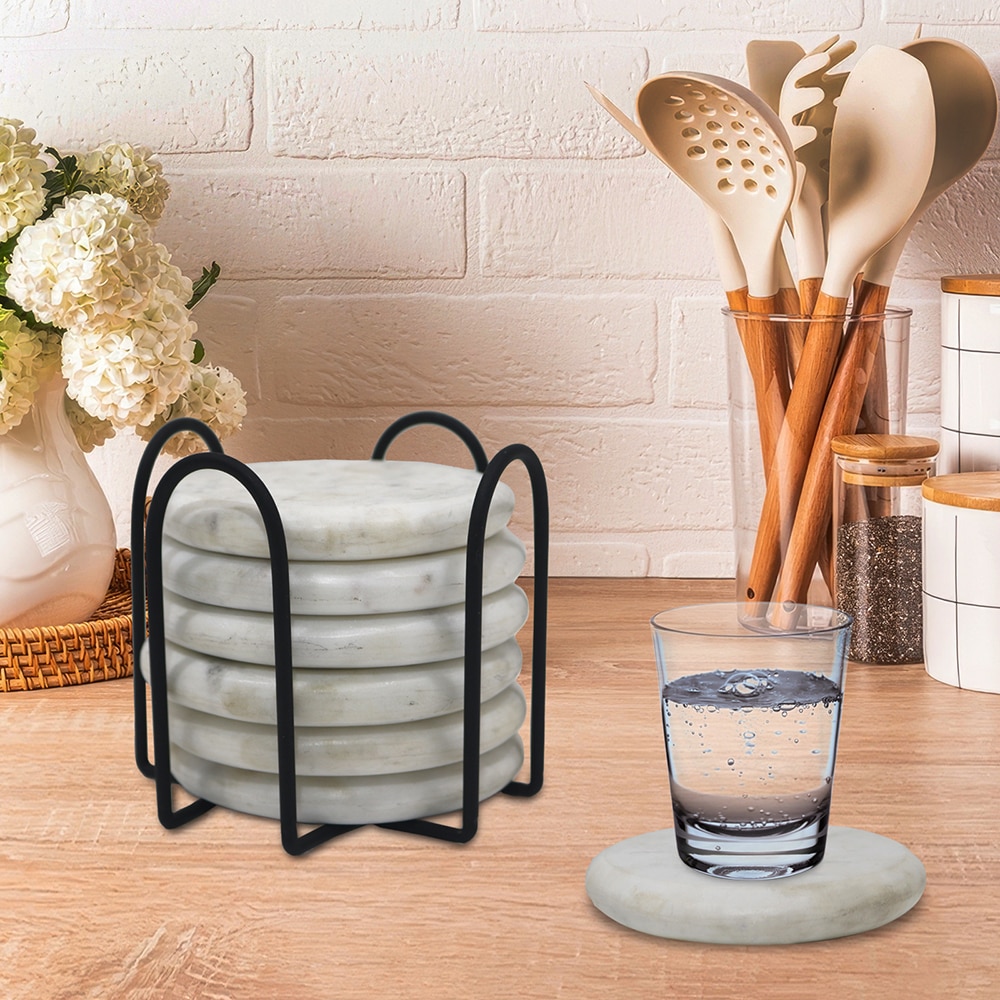 Metalsmith Round Marble Coaster Set of 6 with Stand Reversible Design - Metalsmith