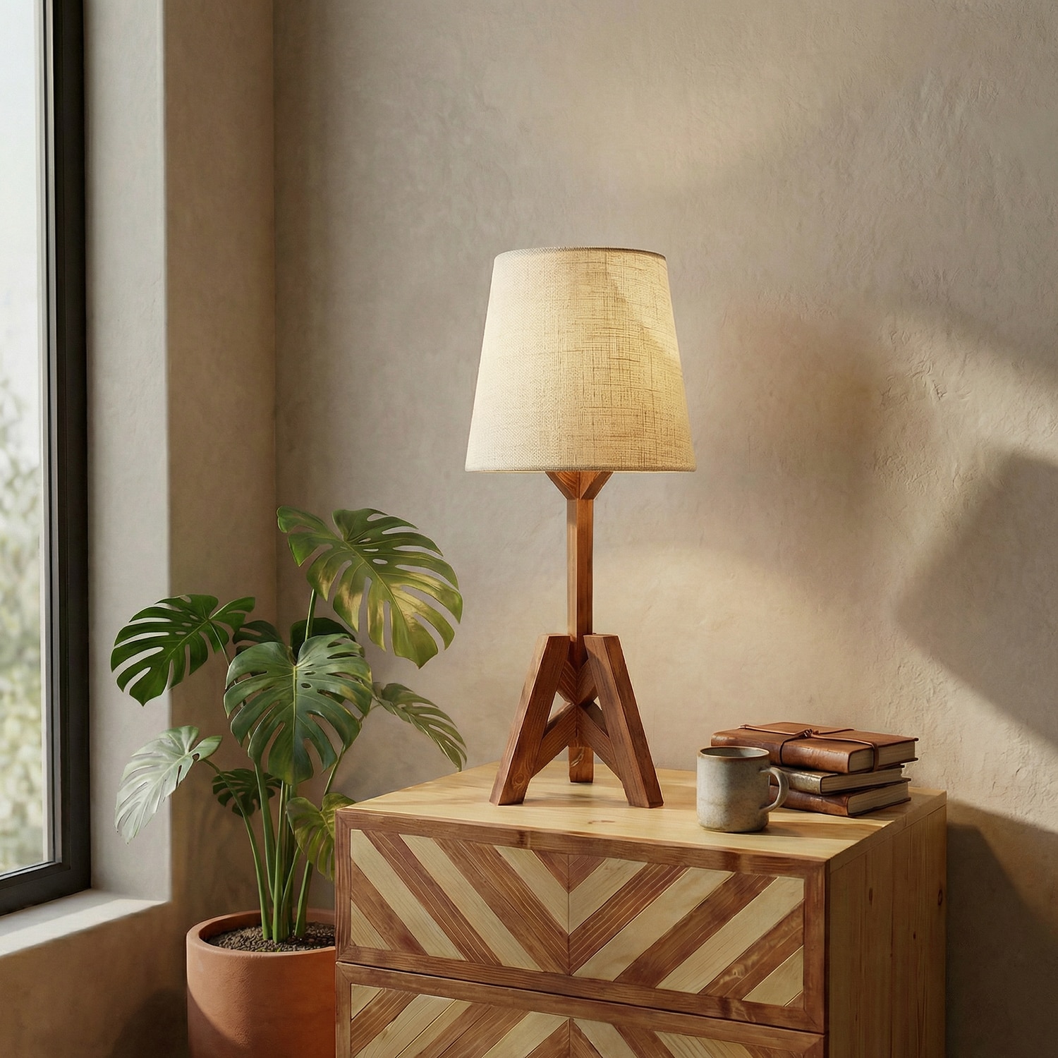 Troika Wooden Table Lamp with Brown Base and Premium White Fabric Lampshade - Symplify