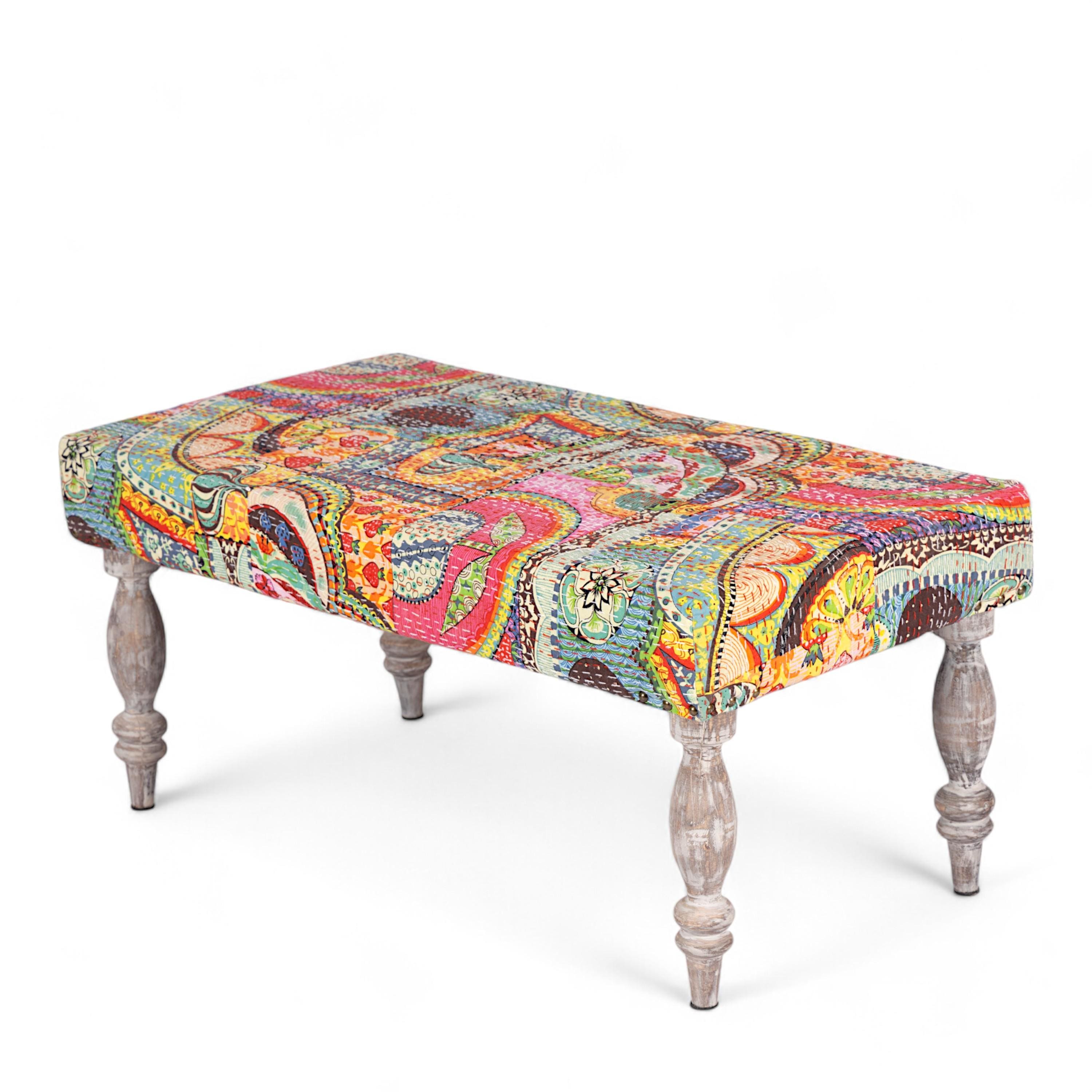 Bestone Solid Wood Bench In Multicolour Patch Kantha Fabric