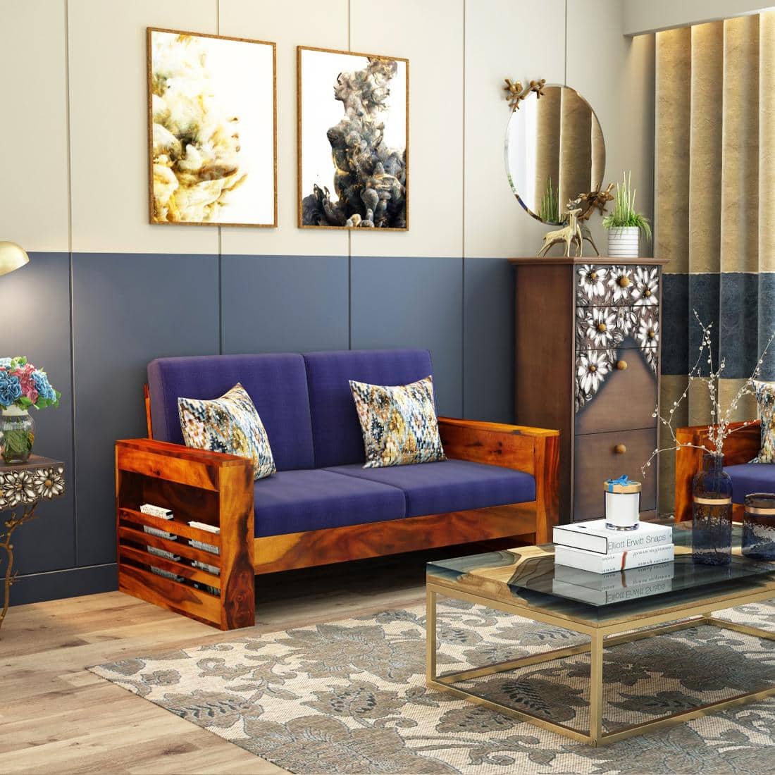 Maruti 3+2+1 Seater Wooden Sofa (BLUE Colour, Honey Finish)