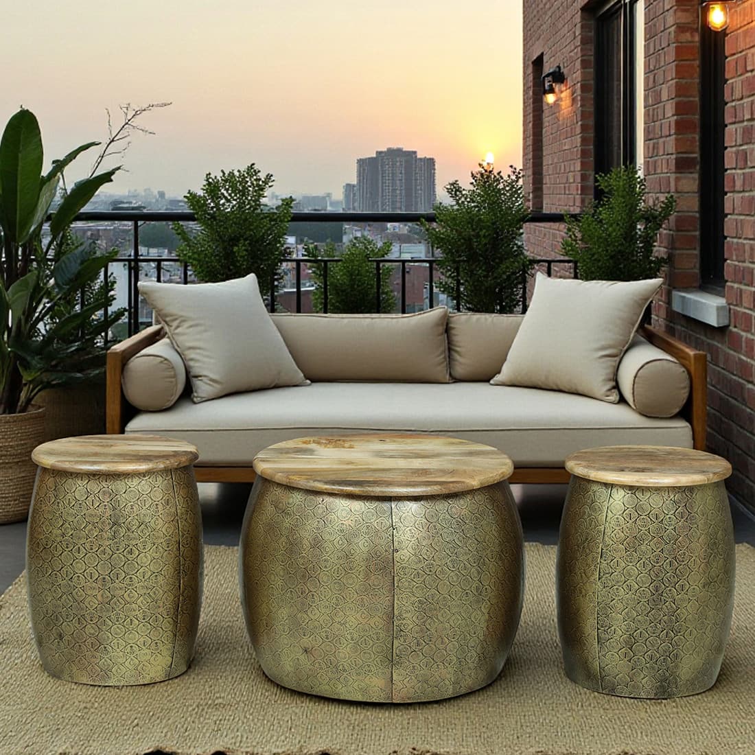 Majestic Round Metal Coffee Table with 2 Stools in Gold Finish Set of 3 - Bhavya Exports