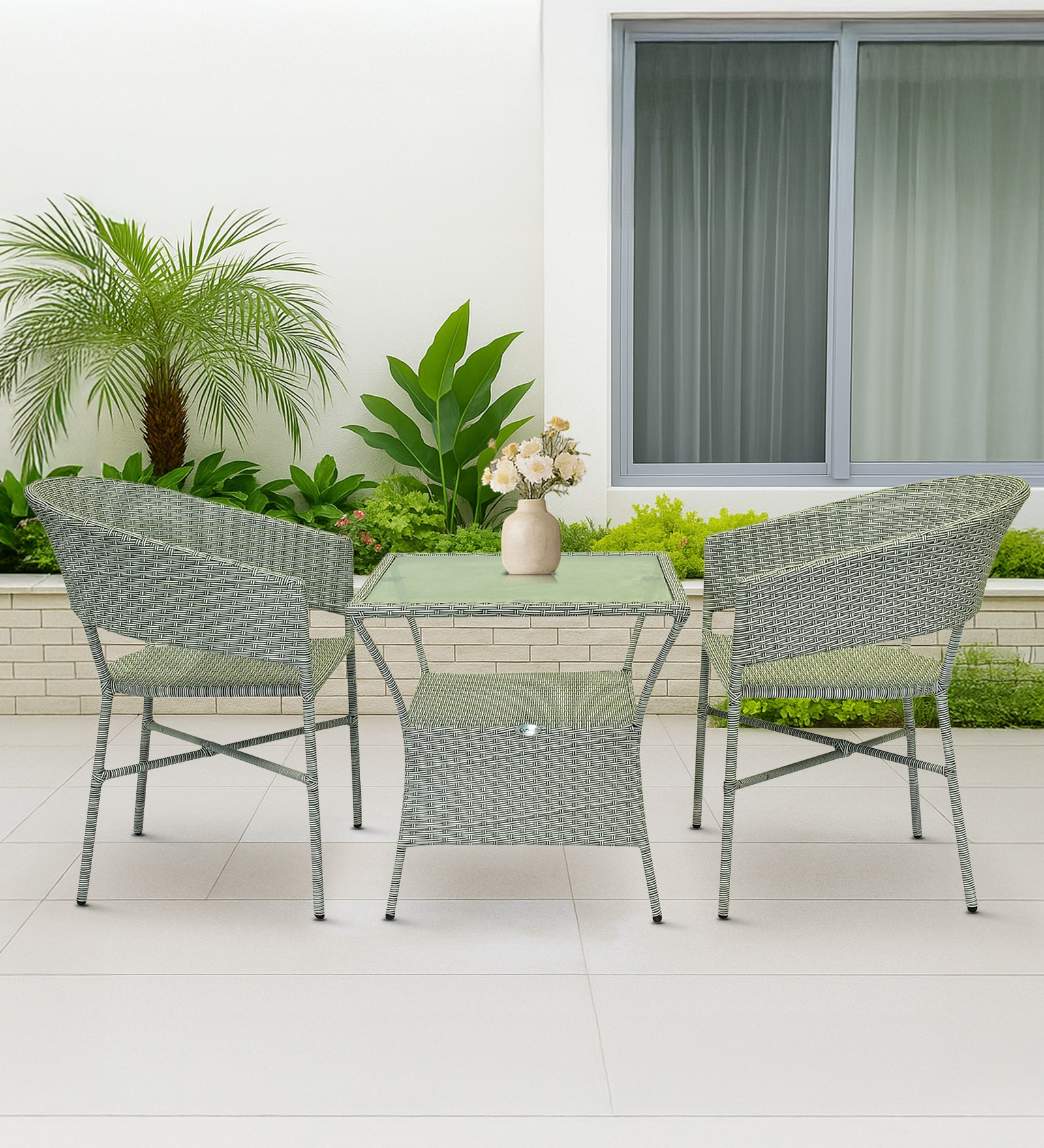 Geelong Wicker Table And Chair Set White And Black Finish - Outkraft