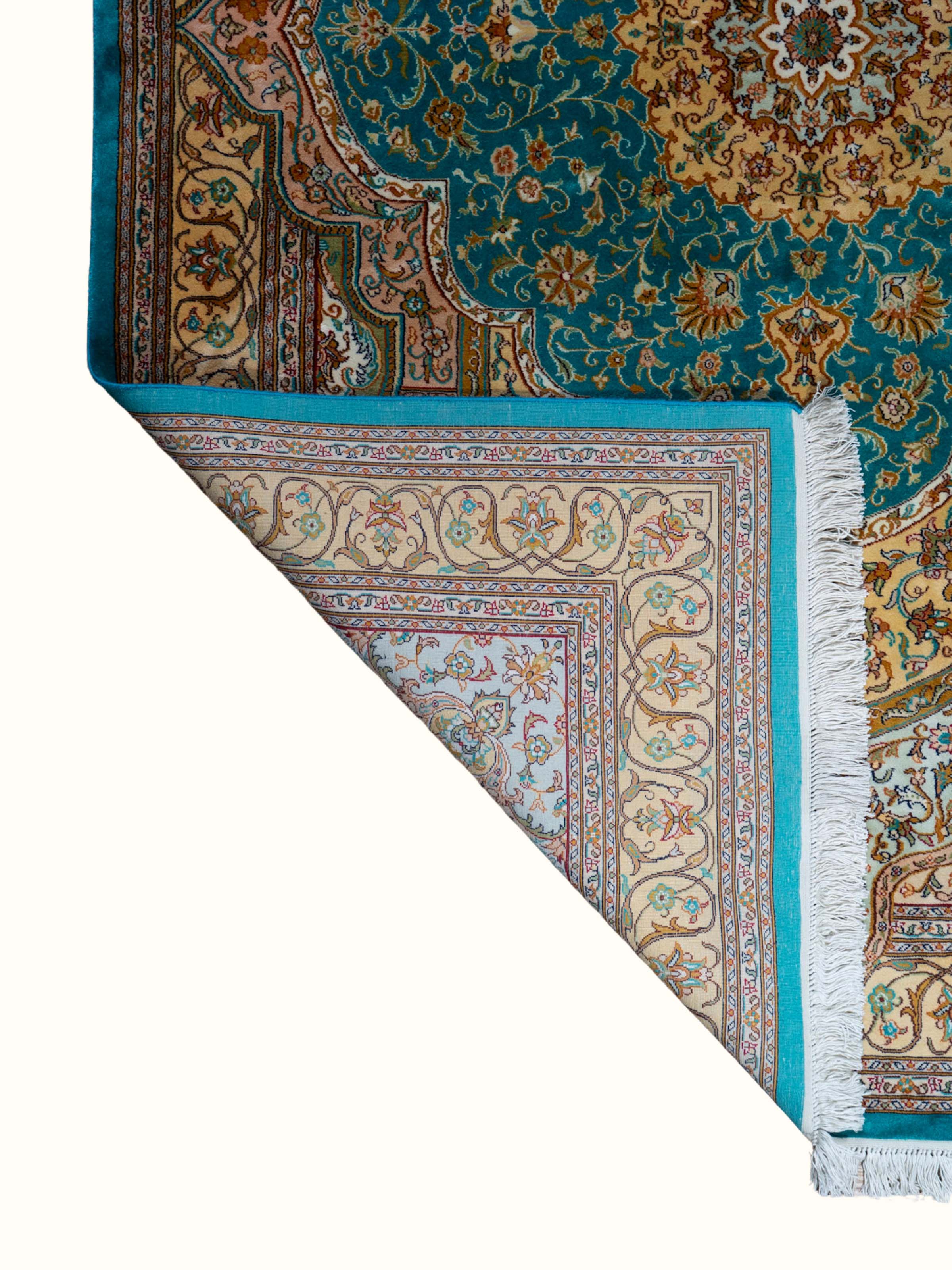 Traditional Persian Blue Tabriz Kashmir Silk Hand-Knotted Carpet