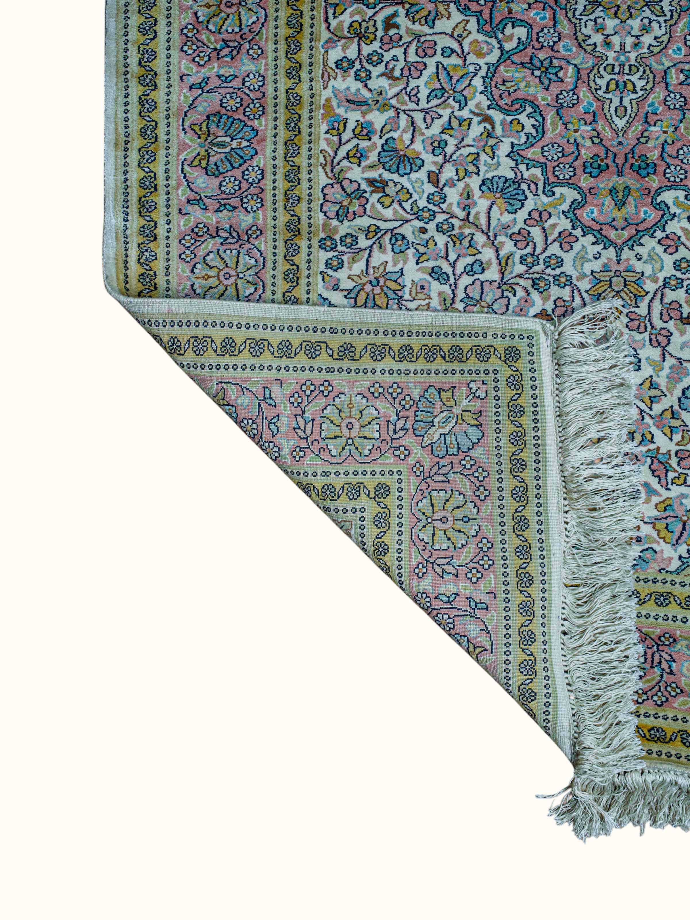 Traditional Persian Ivory Kashan Kashmir Silk Hand-Knotted Carpet