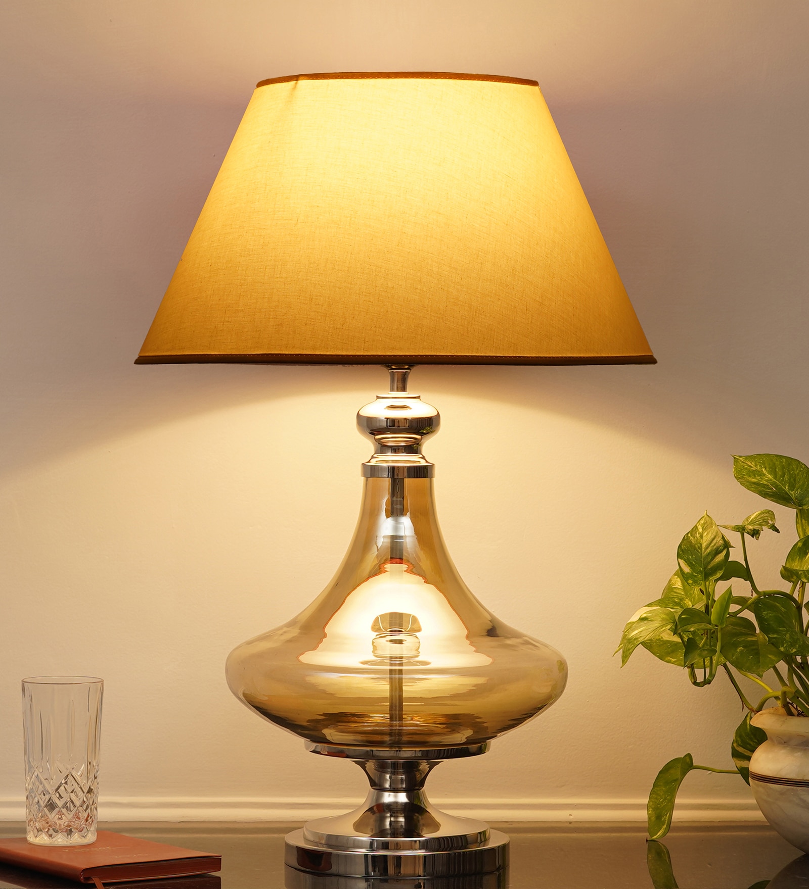 Delicea Smoke Glass And Chrome Finish Metal Table Lamp With Off-White Cotton Shade