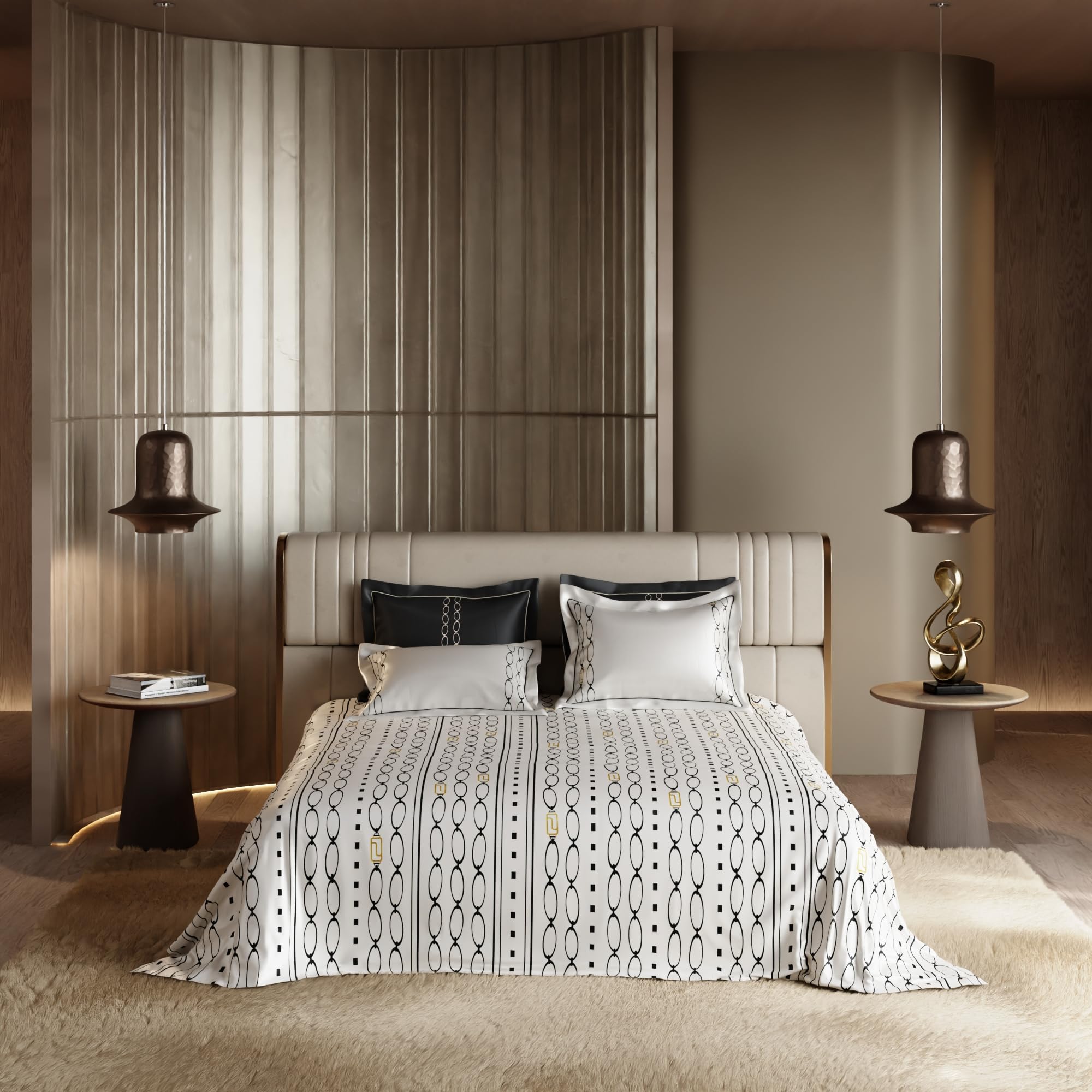 Stoa Paris Super King 5PC Satin Bedding Set  5PC Black-White Gold - Stoa Paris