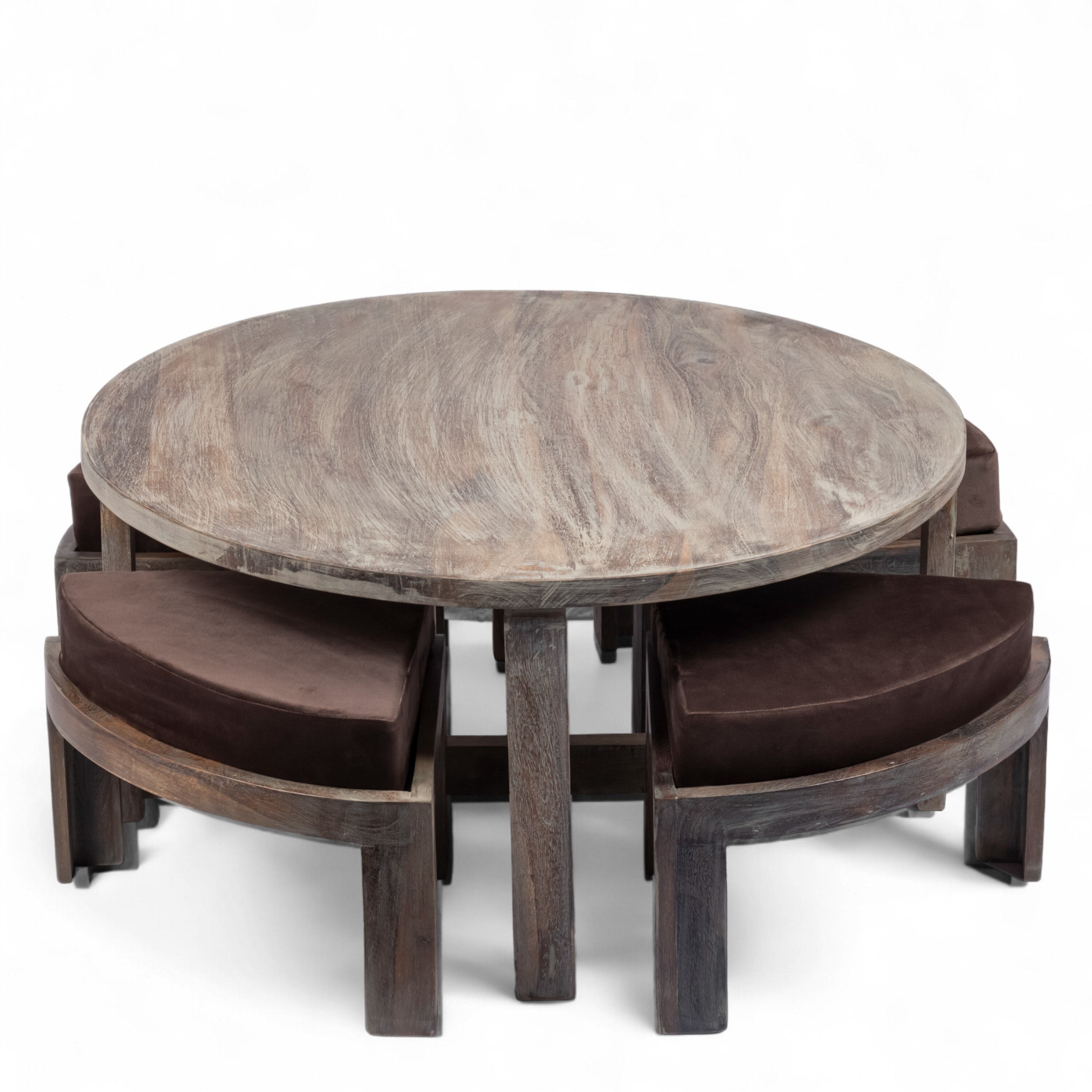 Nashville Sheesham Wood 4 Seater Coffee Table Set In Antique Grey Finish Grey Velvet Cushion