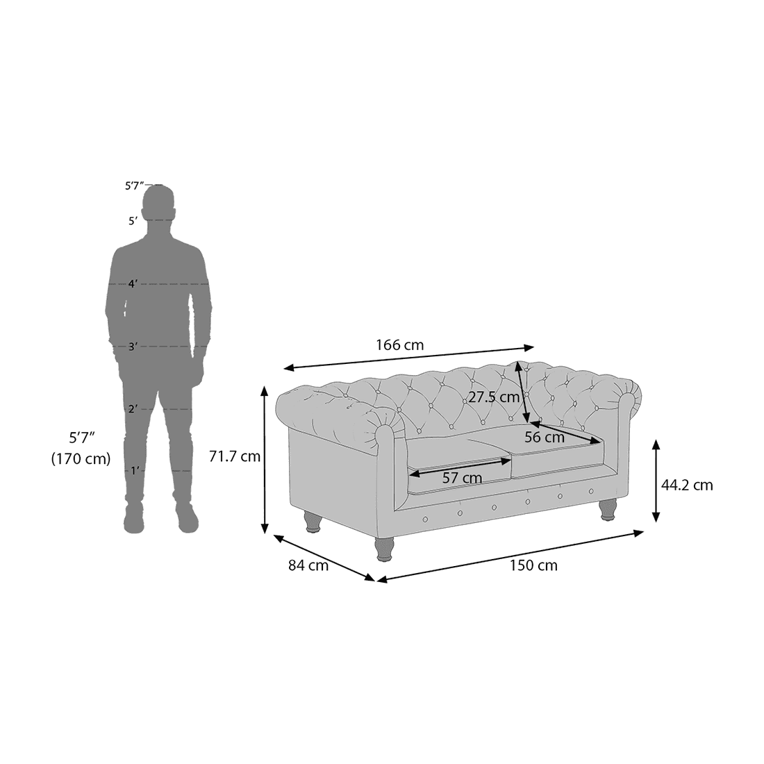 Winchester Essential 2 Seater Fabric Sofa in Graphite Colour