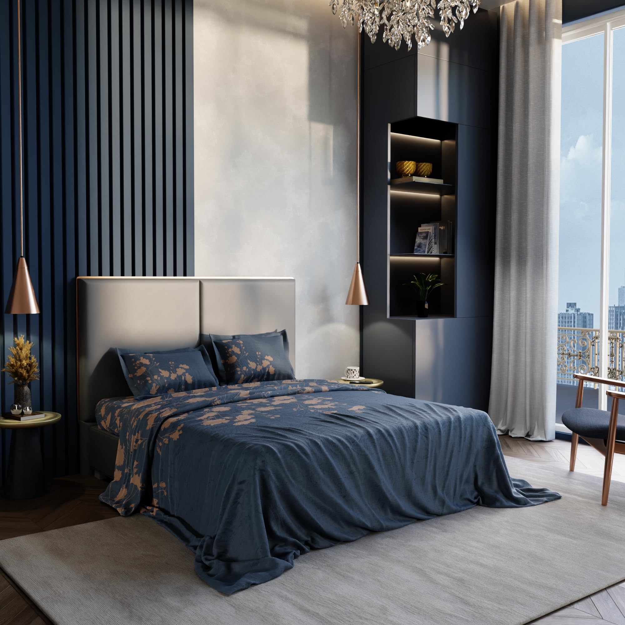 Stoa Paris Super King Size 100% Cotton Bedsheet with 2 Pillow Covers  Size Navy Blue Beige - Stoa Paris