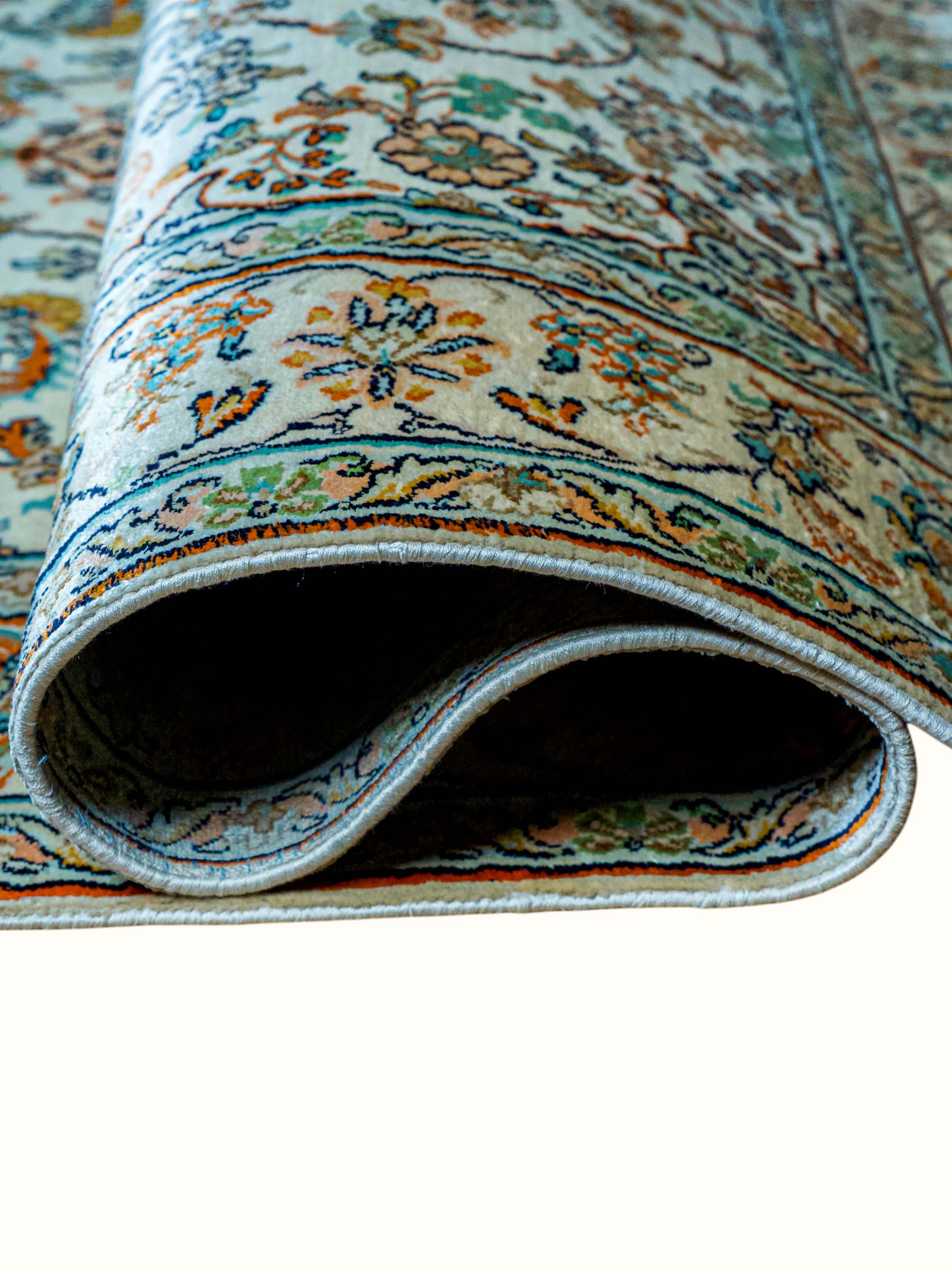 Traditional Persian Beige Kashan Kashmir Silk Hand-Knotted Carpet