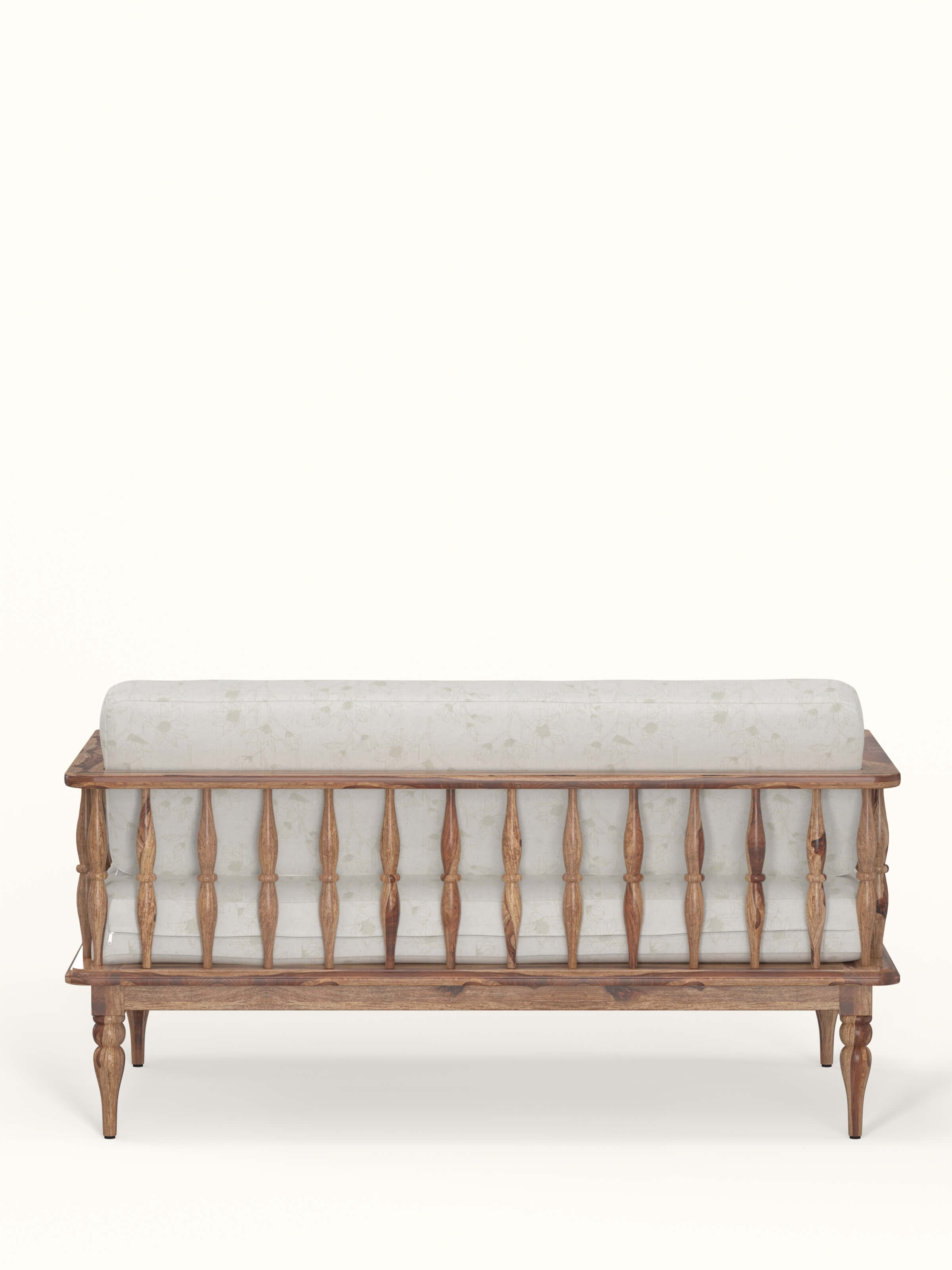 Back view of natural finish upholstered sheesham wood 2-seater sofa highlighting sturdy construction