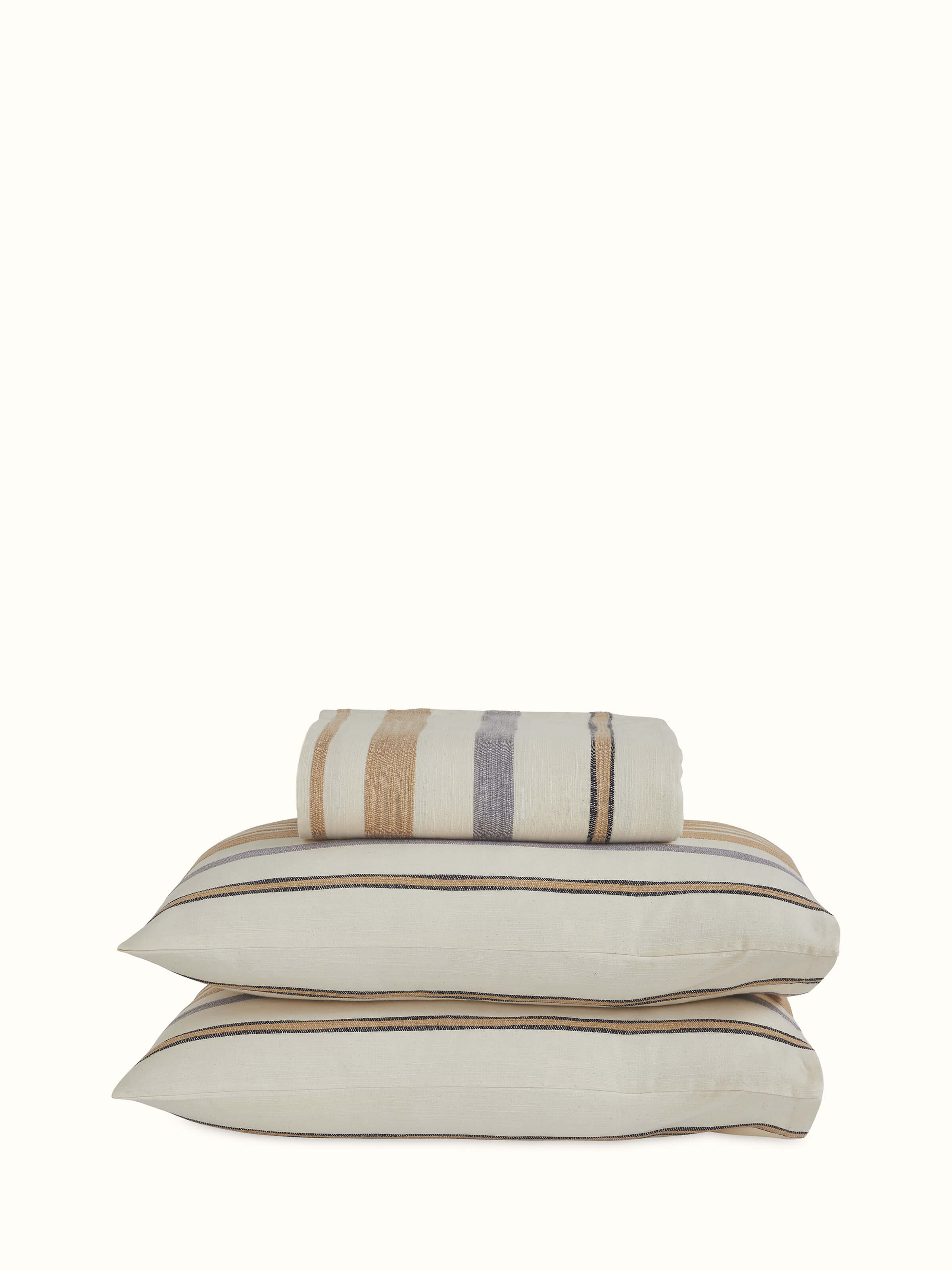 Front view of Neerja beige striped queen-size cotton handloom bedspread set with pillow covers
