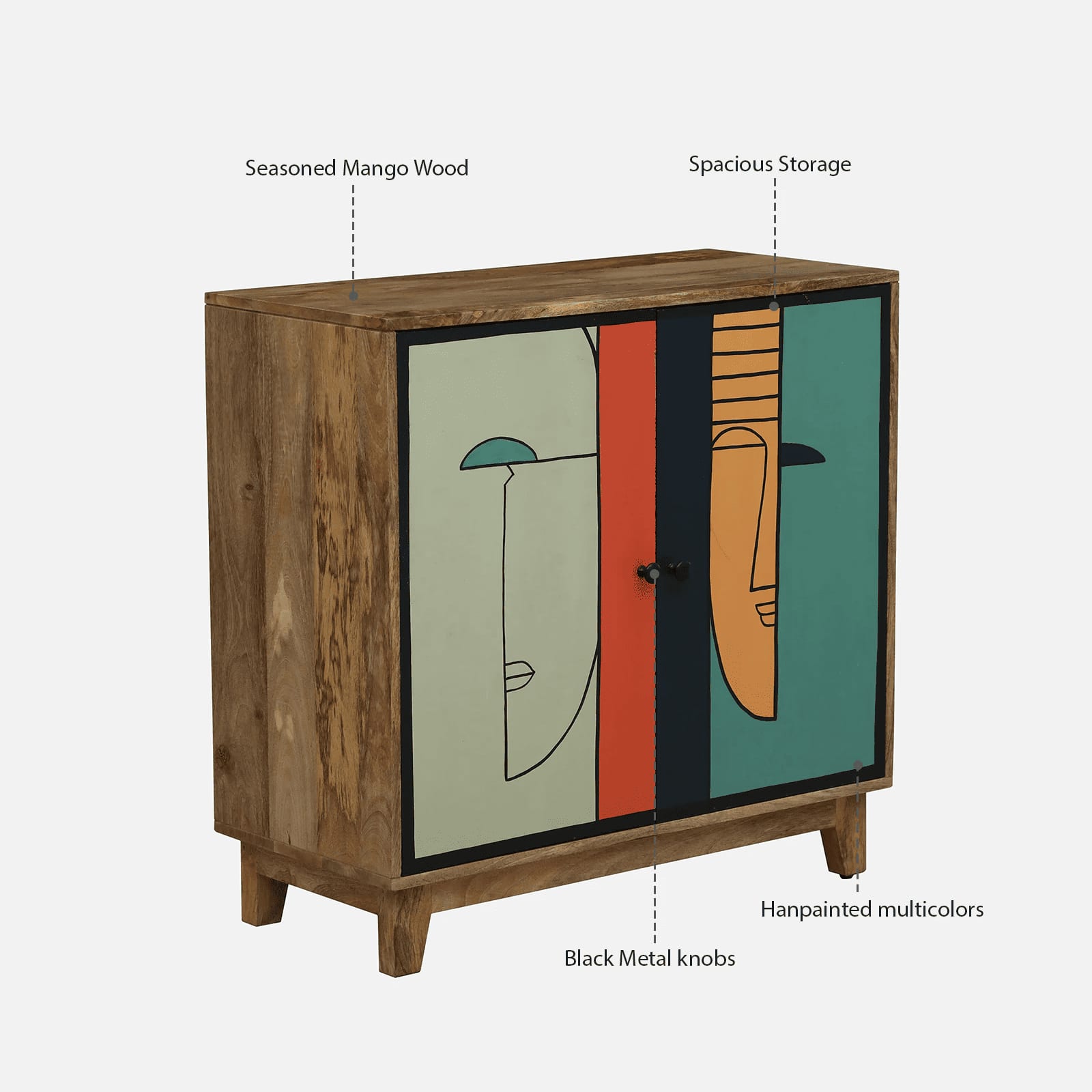 Pluma Mango Wood Hand Painted Multicolor 2 Door Cabinet In Natural Finish