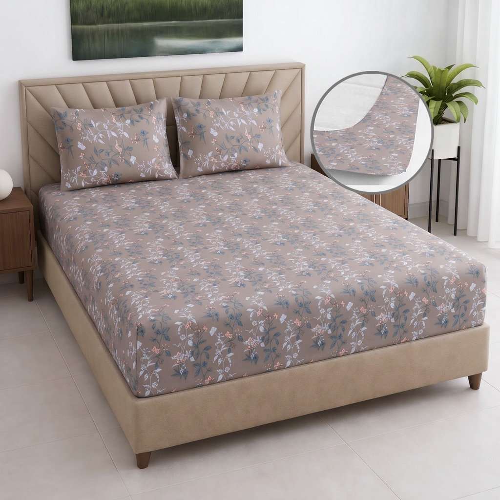 Taupe Floralcotton400 Tcfitted Super King Size Bedsheet With 2 Pillow Covers
