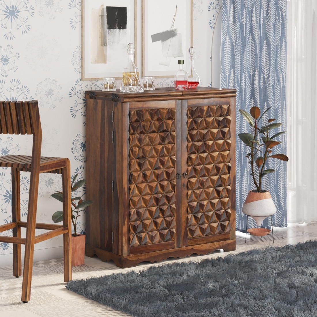 Prism Ba Sheesham Wood Bar Cabinet In Provincial Teak Finish