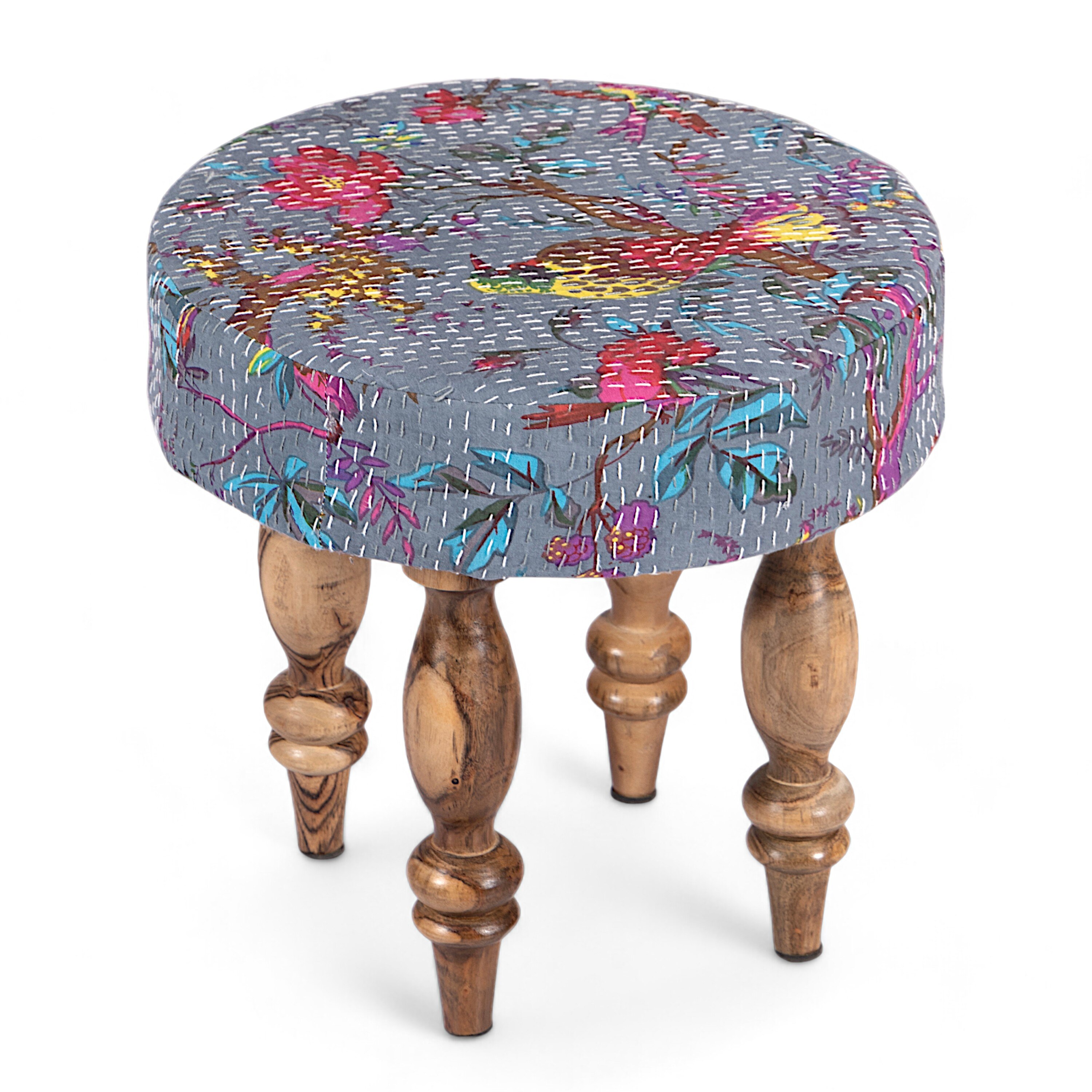 Bestone Sheesham Wood Mid Century 2+1+1 Seater Bench Set With 2 Stools In Grey Brid Print Kantha