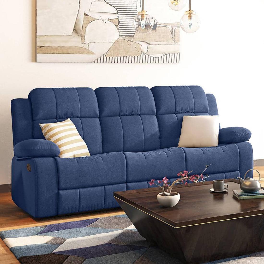 Griffin Fabric Three Seater Manual Recliner in Lapis Blue Fabric Colour