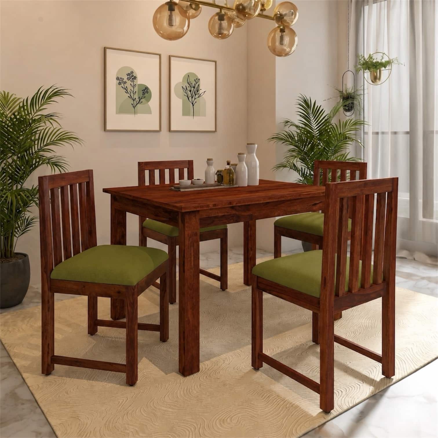 Aura 4 Seater Dining Set with Olive Green Cushioned Chairs