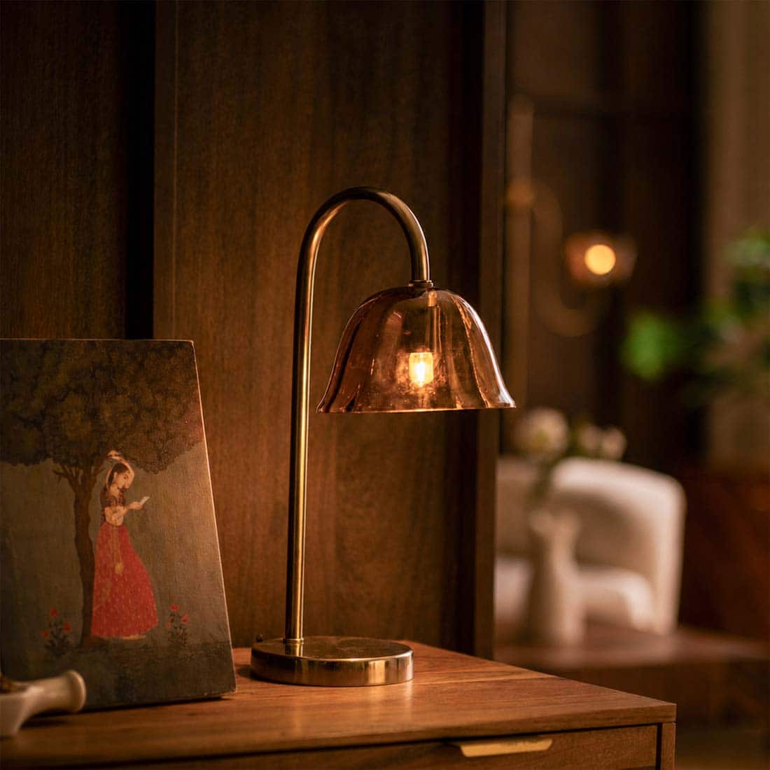 Lior Handicrafted Table Lamp in Antique Silver Brass finish and Amber Colour - Orange Tree