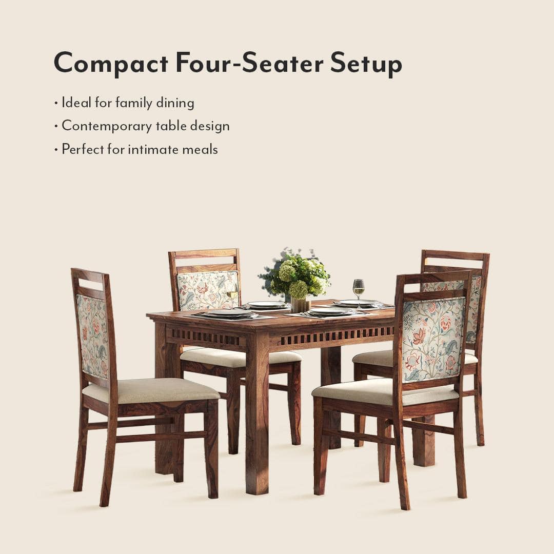 Fidora 4 Seater Dining Table With Set Of 4 Alaine Dining Chairs (Colour- Calico Floral Retreat & Pony Beige, Finish- Teak)
