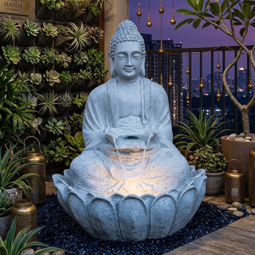 Grey Fiber Glass Lotus Buddha Indoor Water Fountain - Expleasia
