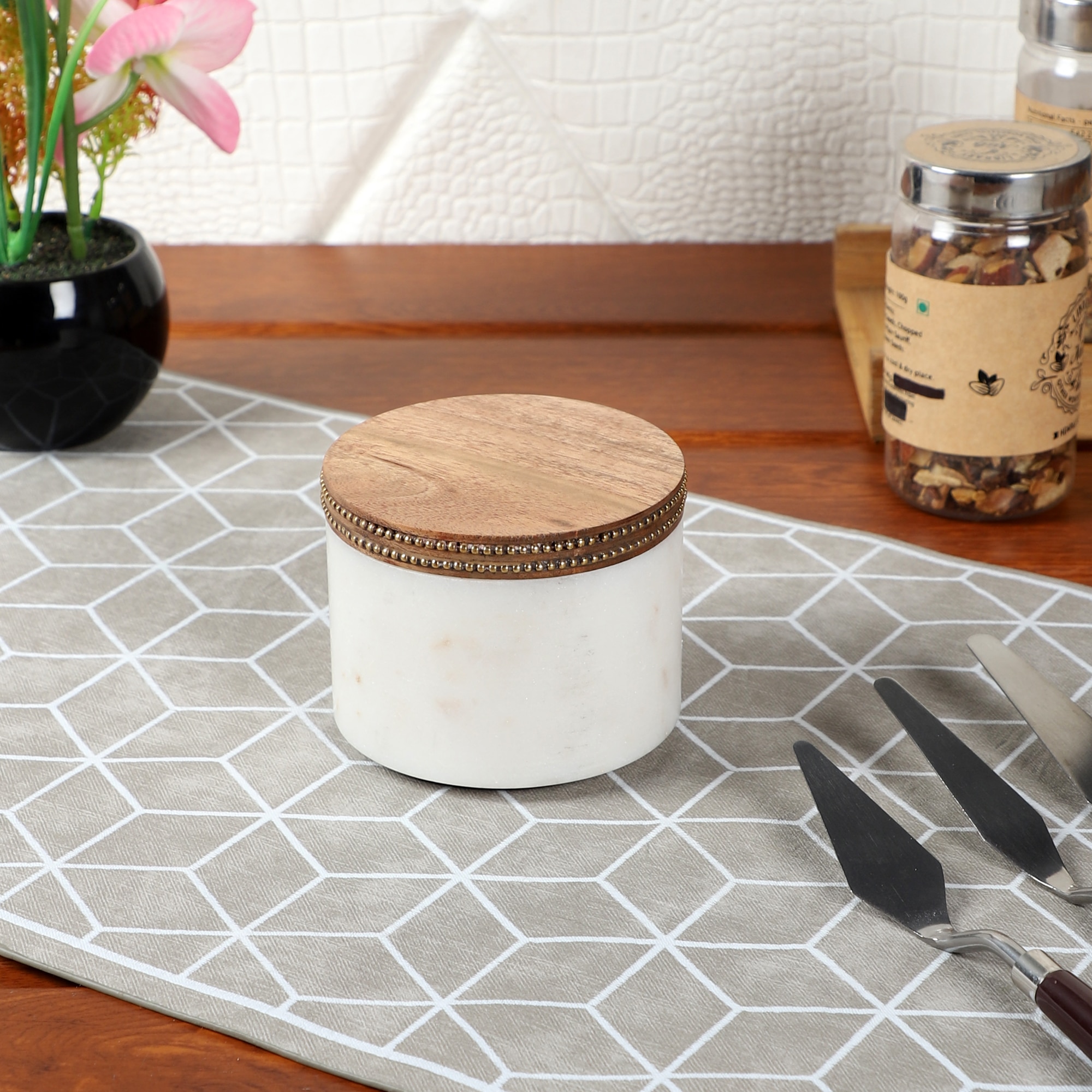 Multipurpose Marble Box with Wood Lid and Brass Detailing