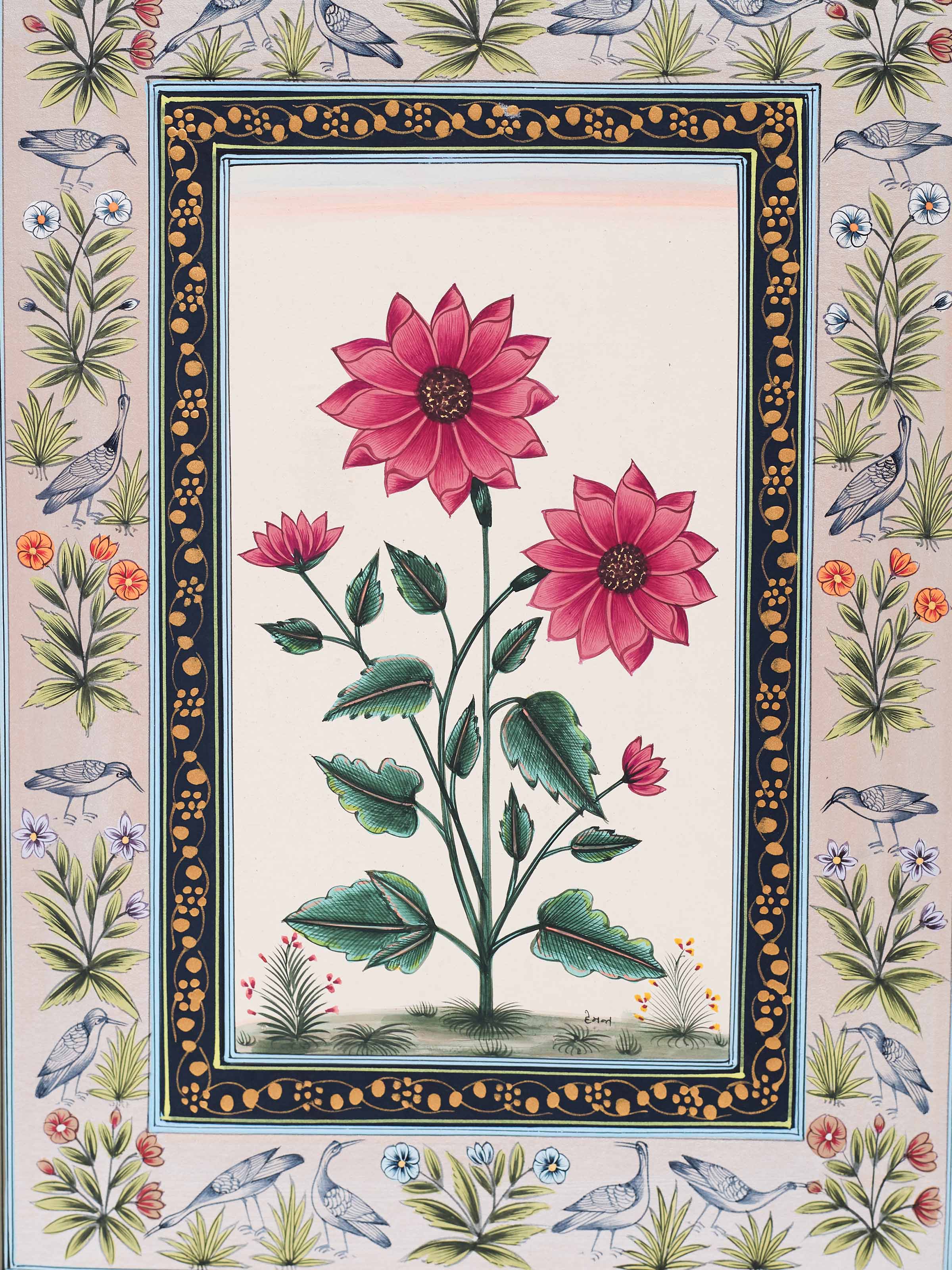 Flower Bird Miniature Silver Painting