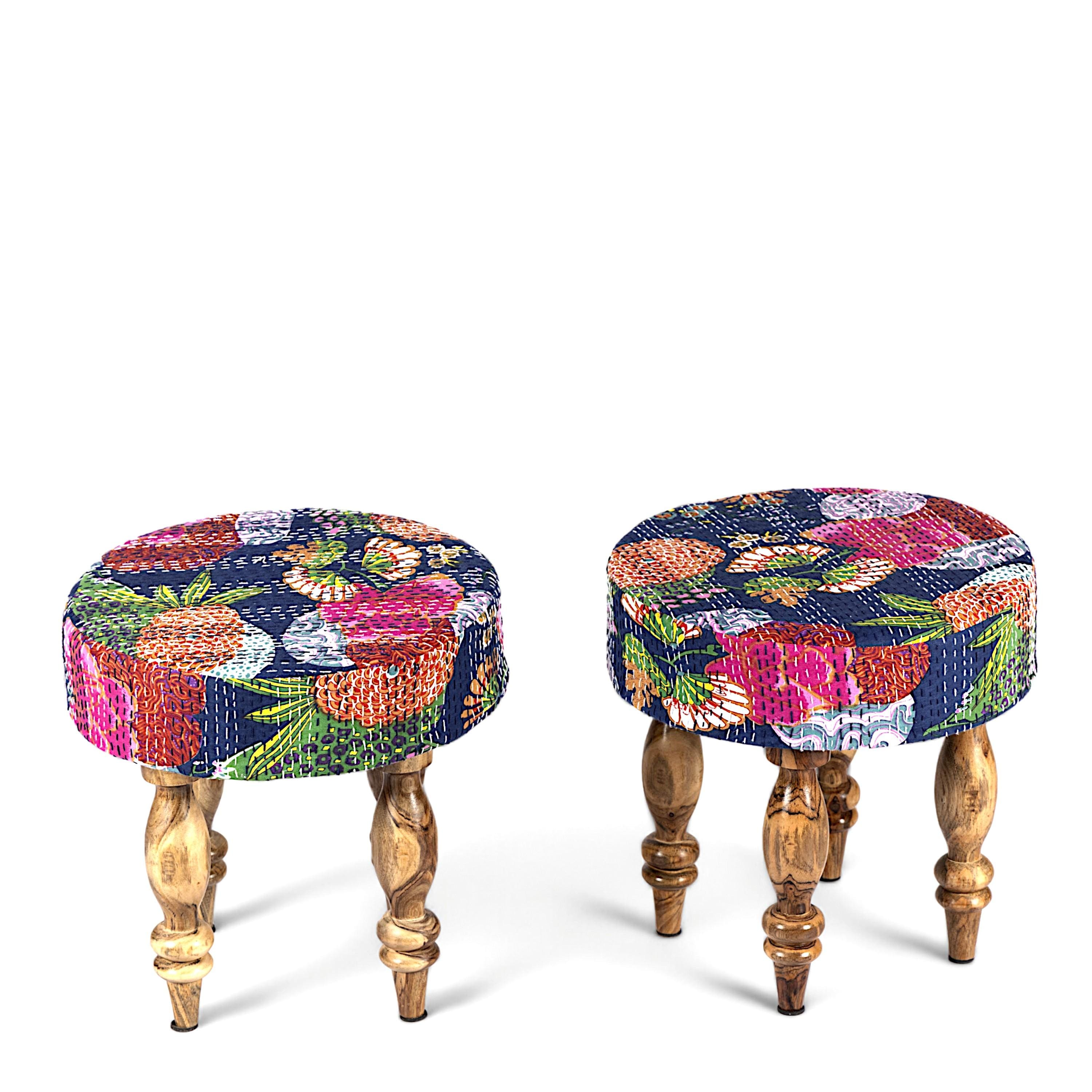 Cairo Sheesham Wood Mid Century Seater Bench Set  2 Stools In Fruit Print Blue Kantha