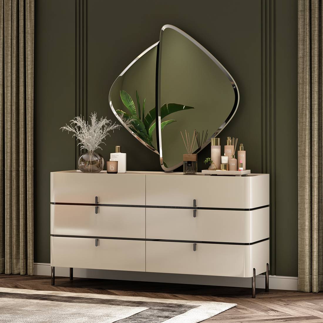 Naomi Dresser With Mirror In High Gloss Beige Finish