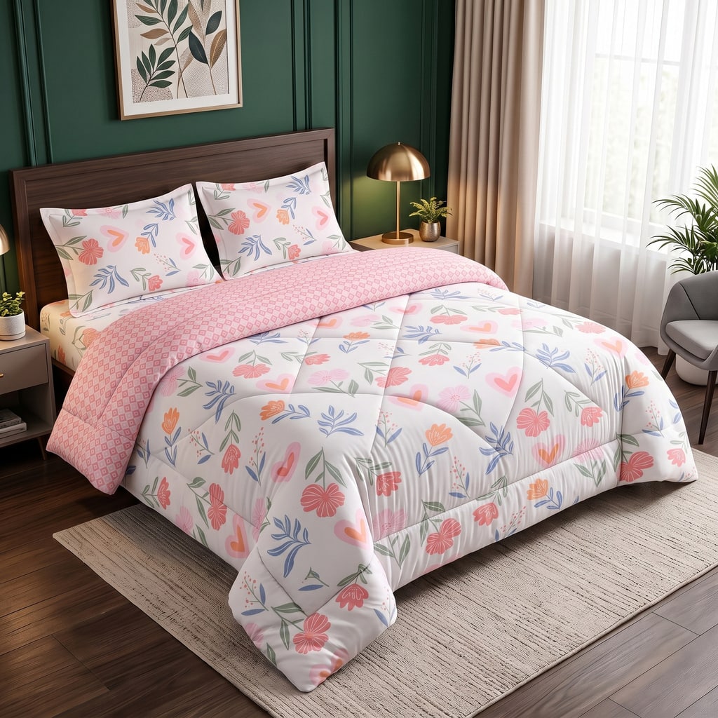 White Floral 4 Pcs Comforter set with Queen size bedsheet + 2 Pillow covers - Threads