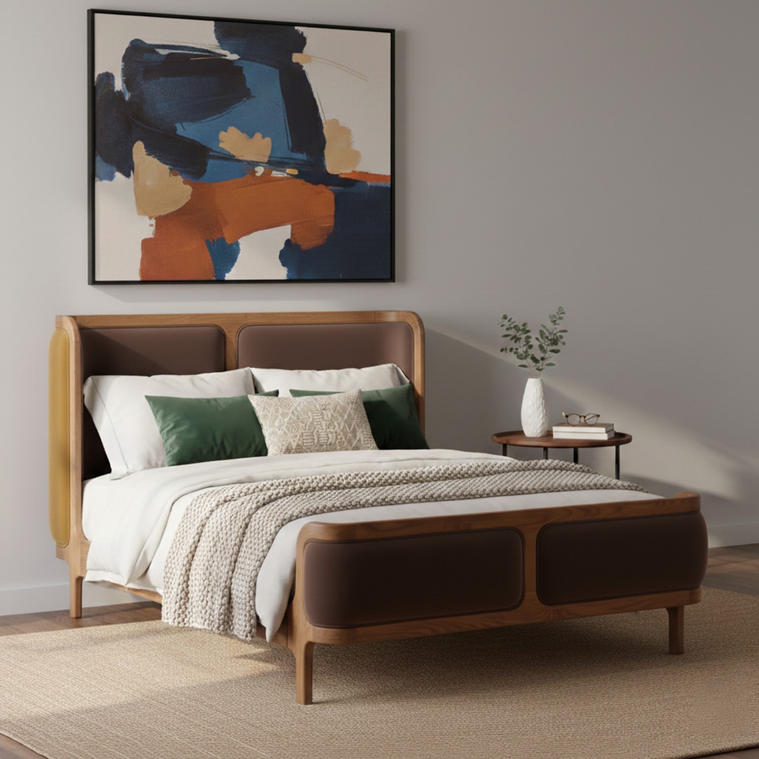 Valerio Duo-Panel Luxe Queen Size Bed in Tuape colour Velvet with Oak wood Frame - Nestroots