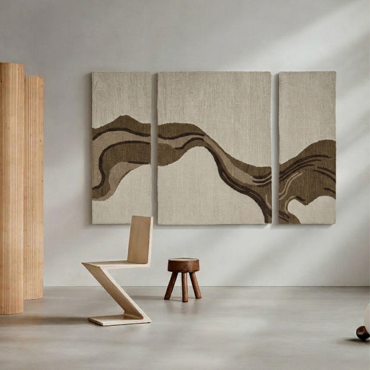 Abstract Handmade Natural Wool Wall Art Brown Beige 3 Panel Set 7 x 5 Feet - NEU LOOMS
