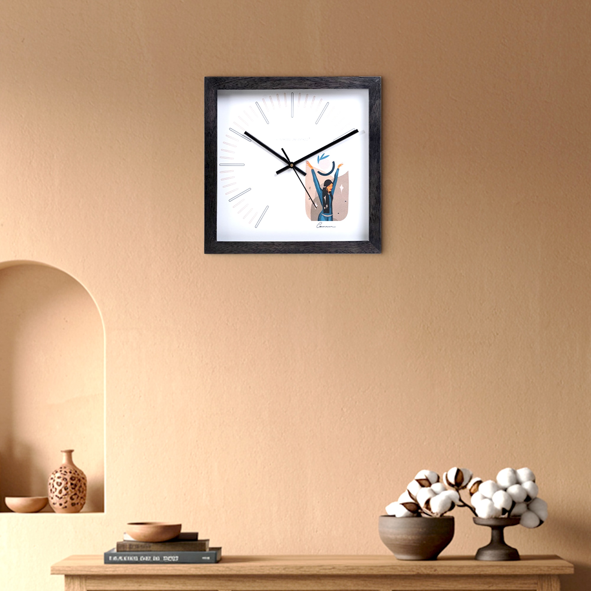 Cancer Zodiac Wooden Wall Clock with Artistic Illustration and Minimal Indices