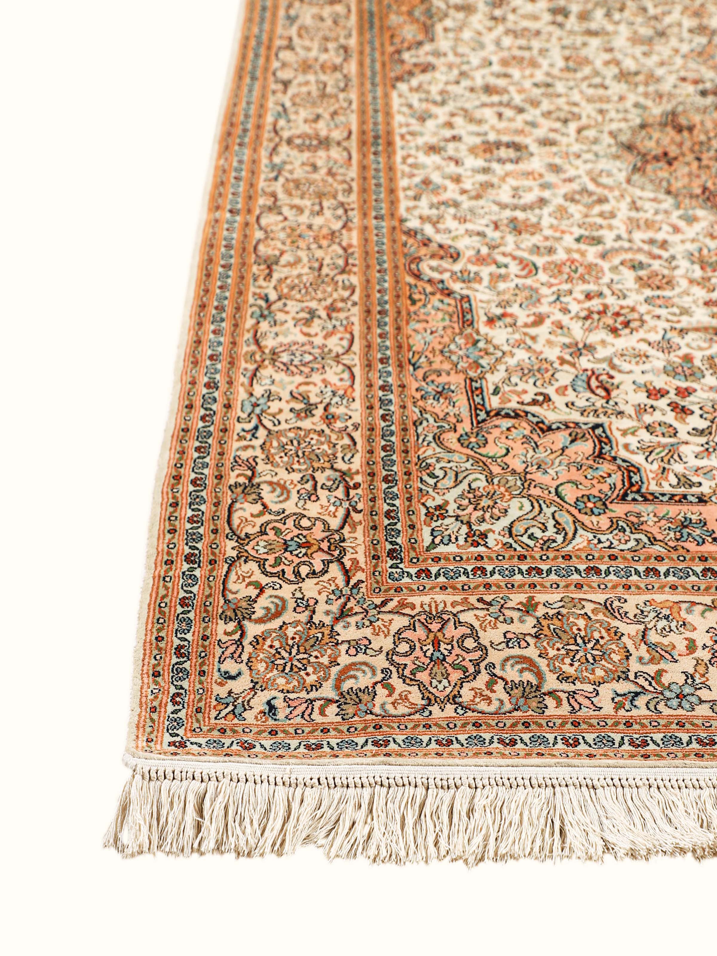 Traditional Persian Ivory Rust Kashan Kashmir Silk Hand-Knotted Carpet