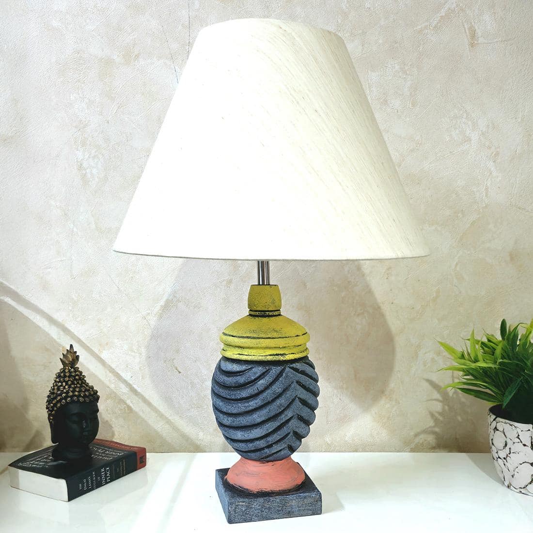 Wing Pink Stone Beige Wooden Table Lamp in Multicolor
