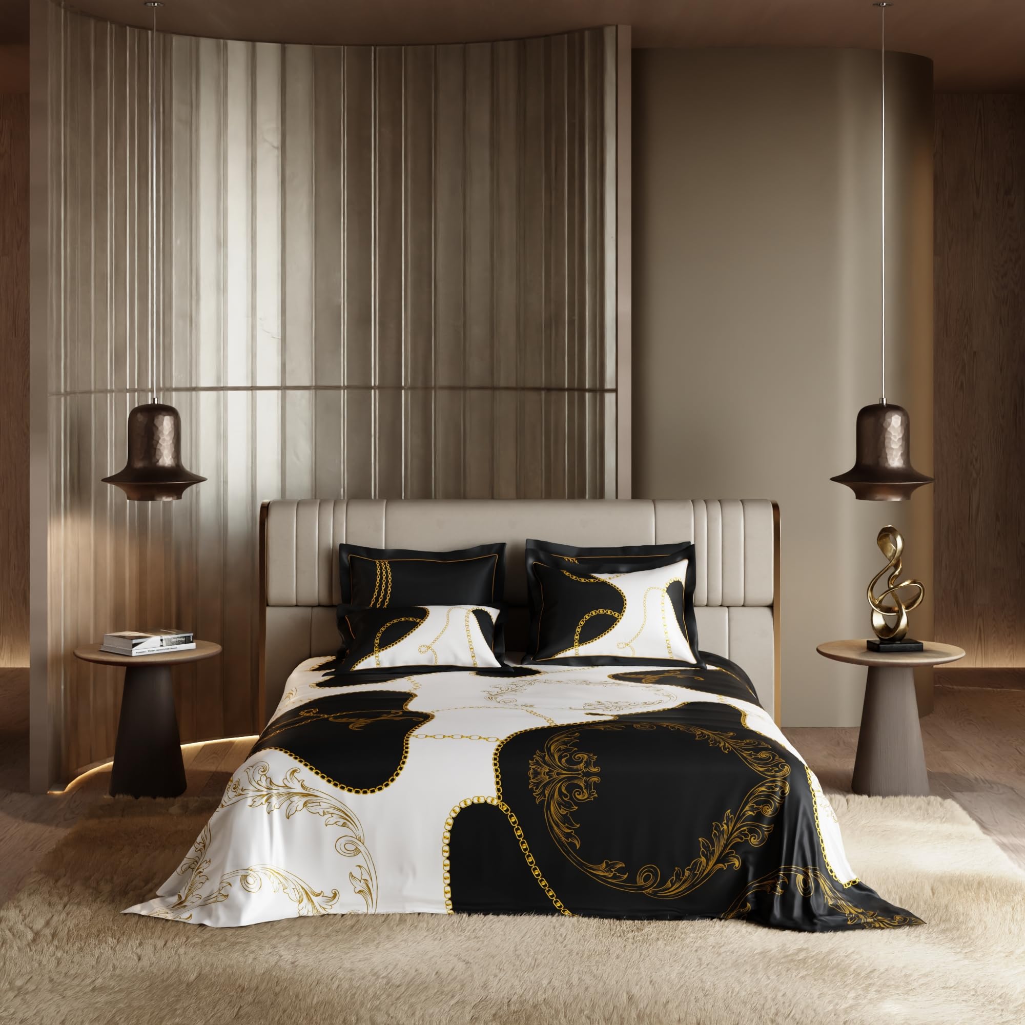 Stoa Paris Super King 5PC Satin Bedding Set  5PC Deep Black-Ivory White Gold - Stoa Paris