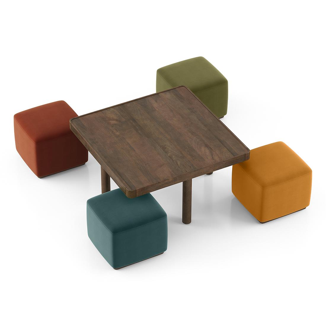 Tetra Square Solid Wood Coffee Table With Seats In Danish Walnut Finish In Multicolour Fabric