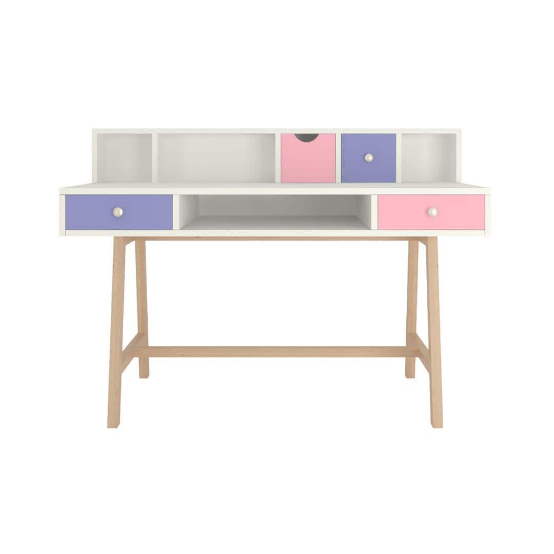 Samara Solid Wood Large 2 Level Study Desk with Drawers Shelves and Tapered Frame in English Pink Persian Lilac Colour